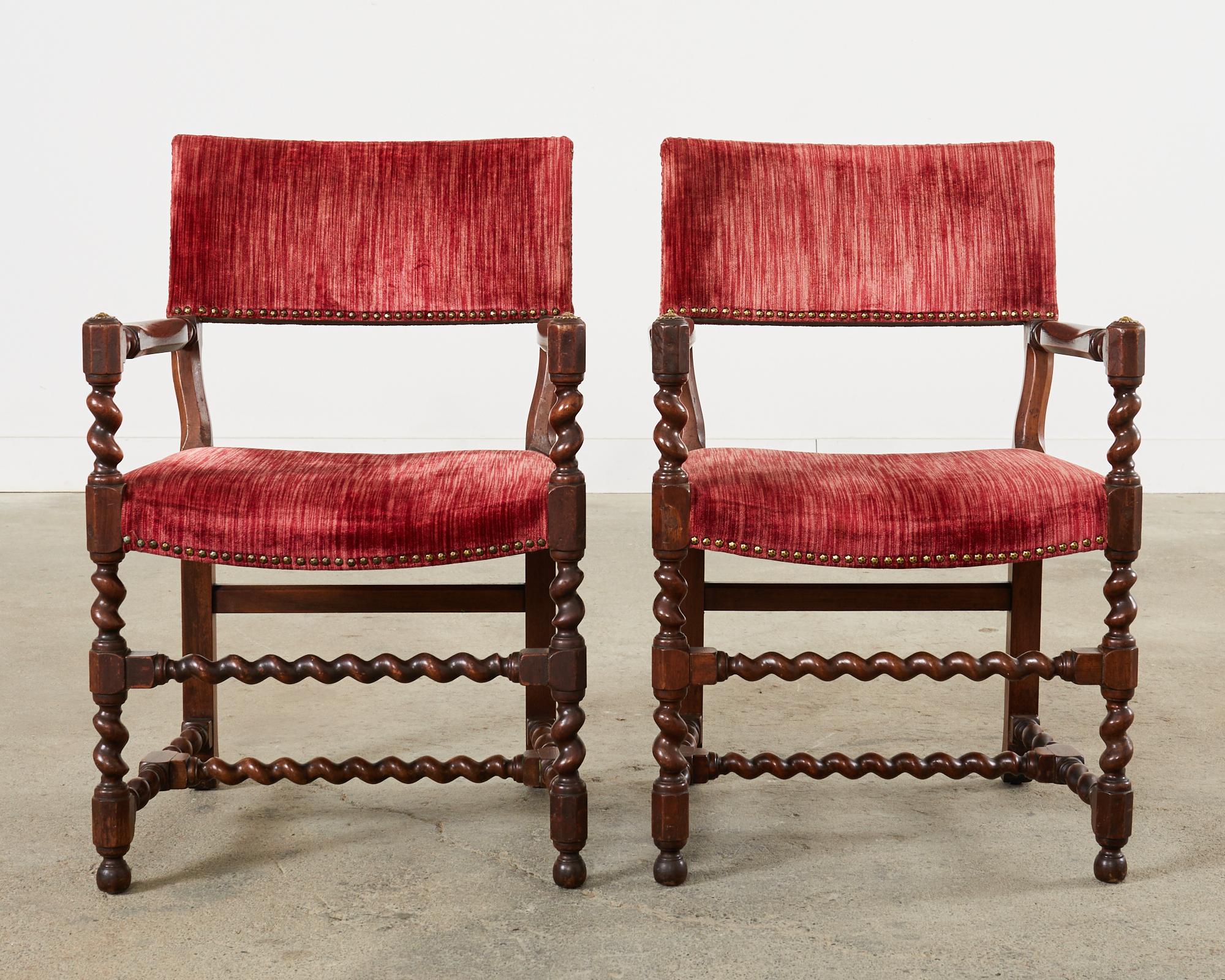 20th Century Set of Fourteen English Baroque Style Walnut Barley Twist Dining Chairs  For Sale