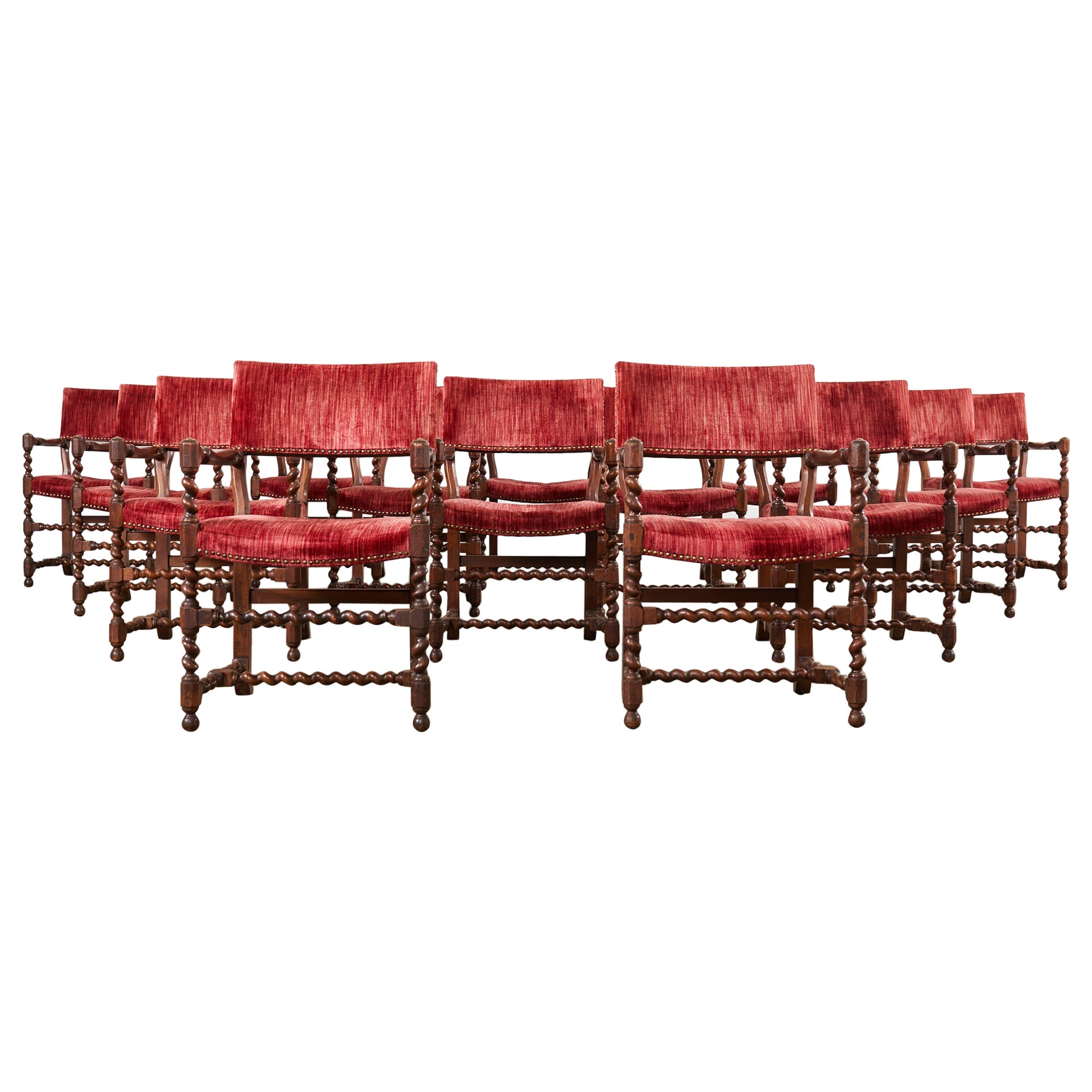 Set of Fourteen English Baroque Style Walnut Barley Twist Dining Chairs