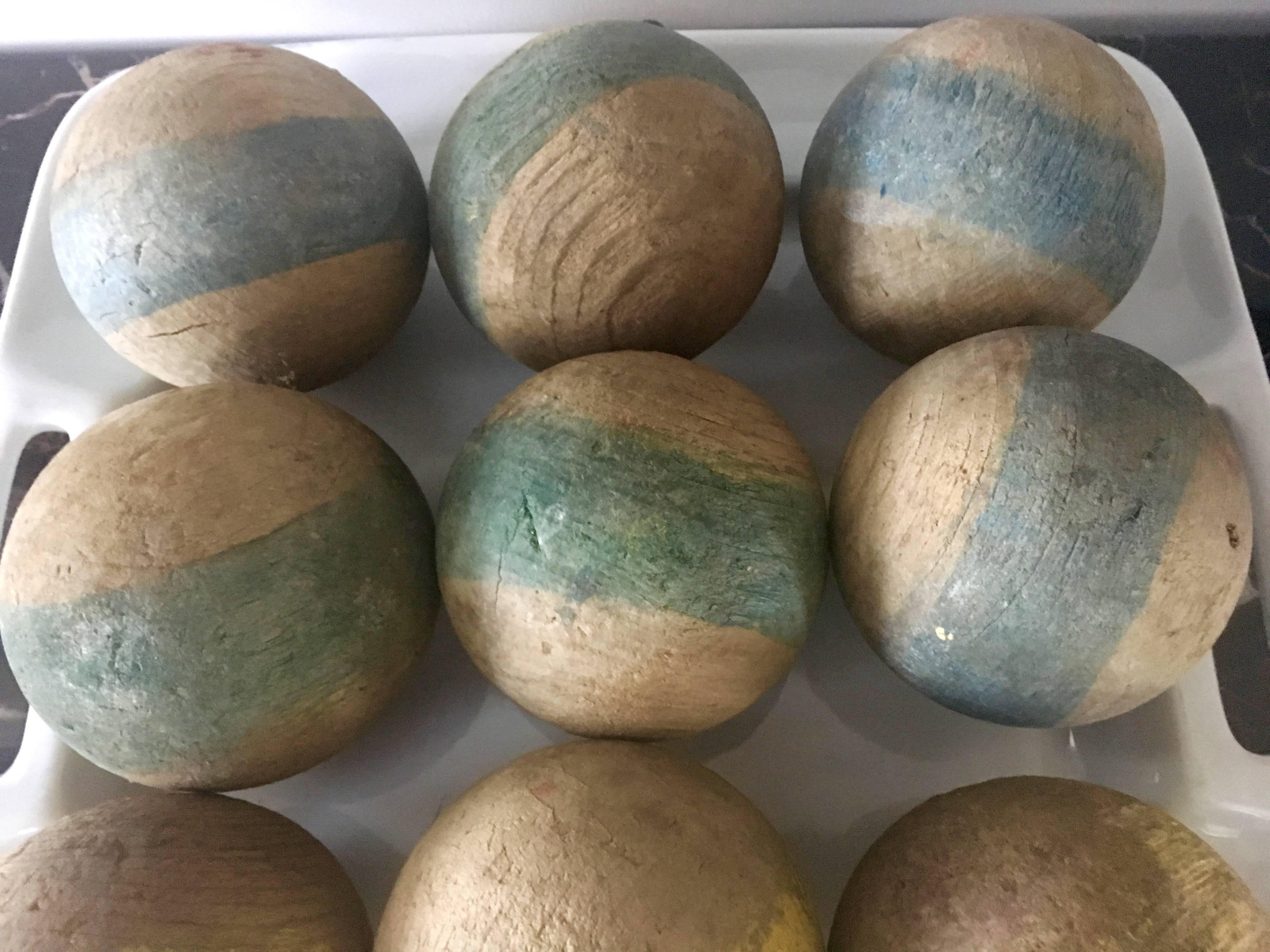 19th Century Set of 14 French Antique Hand-Carved Painted Wooden Boules