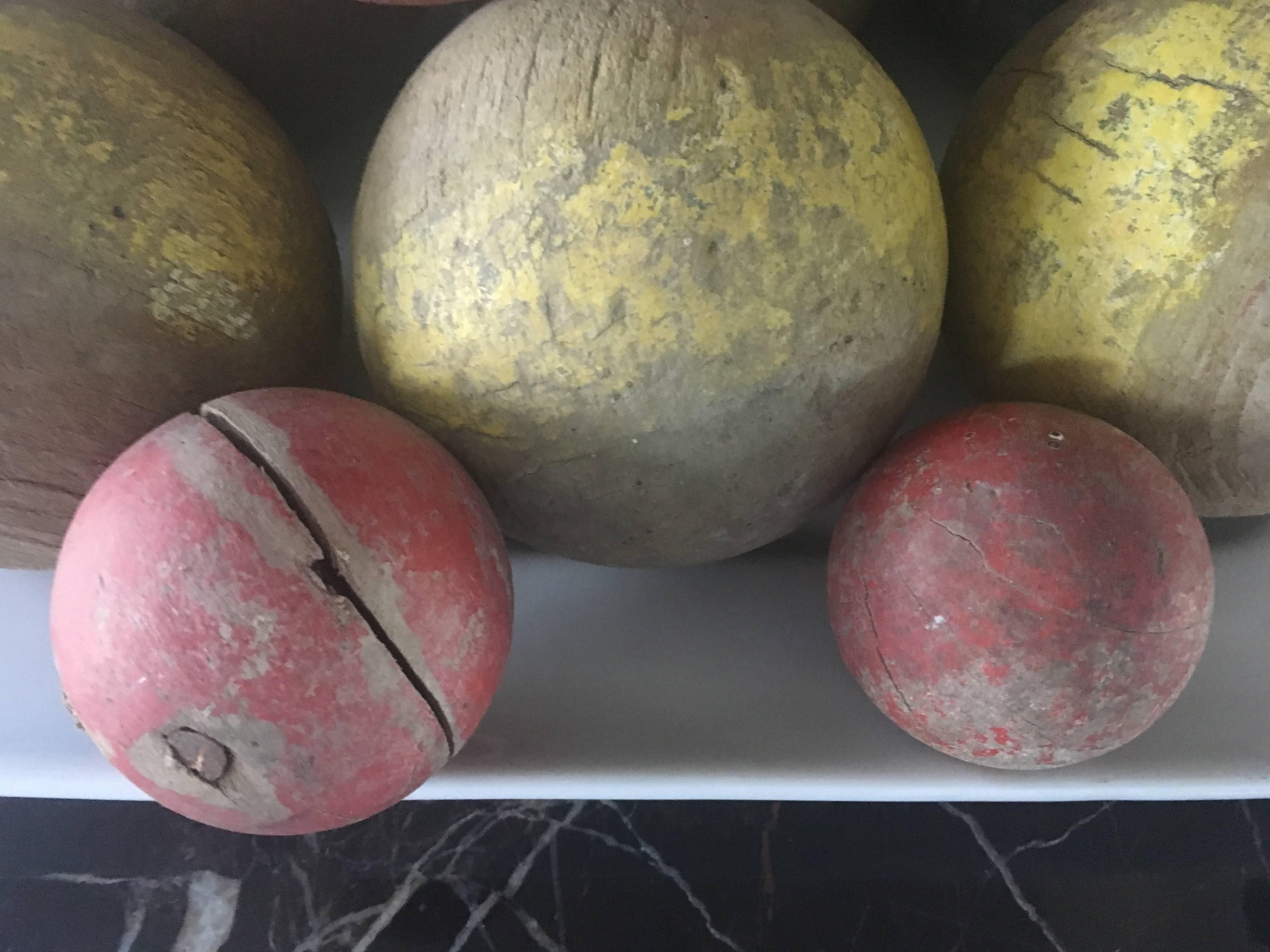 Set of 14 French Antique Hand-Carved Painted Wooden Boules 1