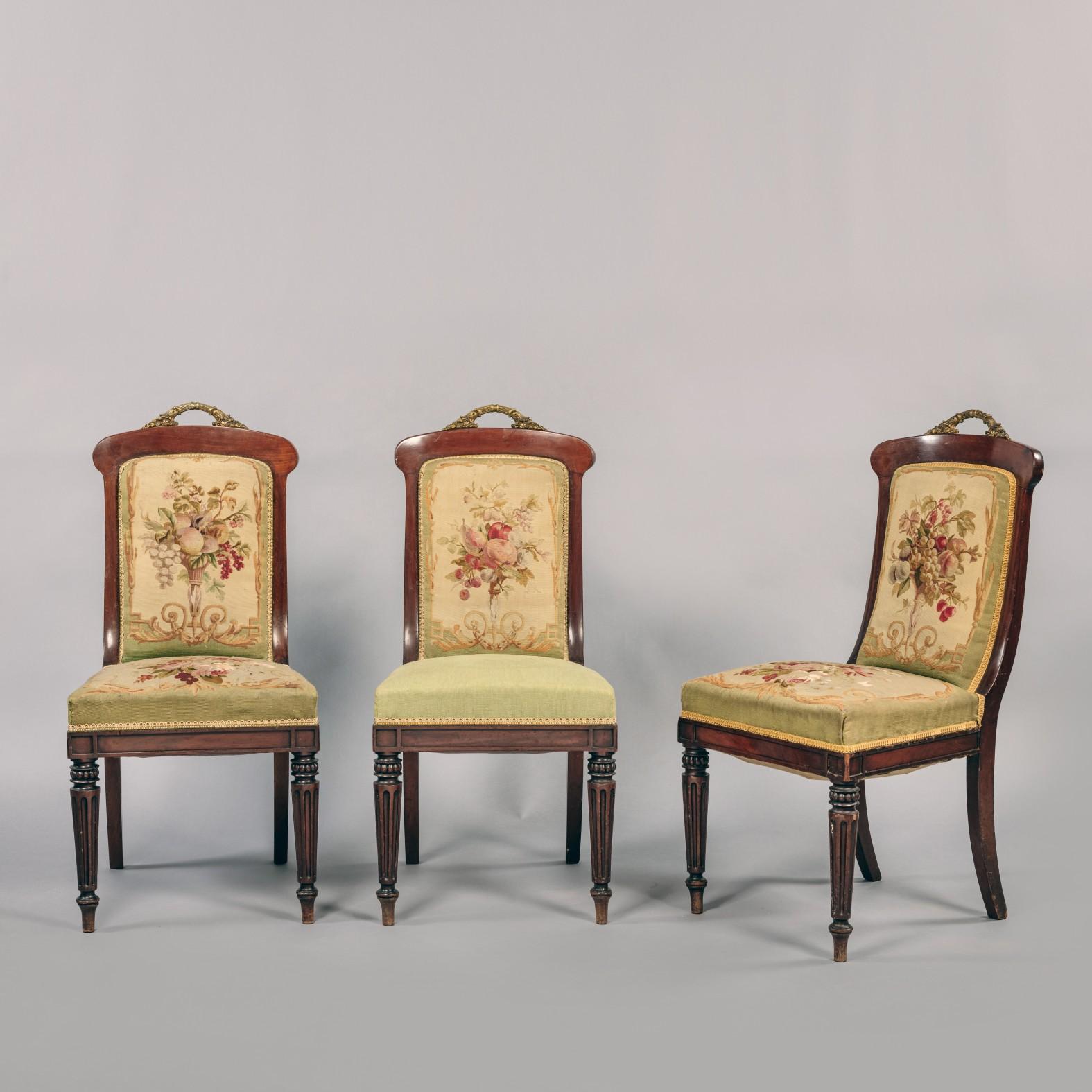 Belle Époque Set of Fourteen Gilt-Bronze Mounted Mahogany Dining Chairs For Sale