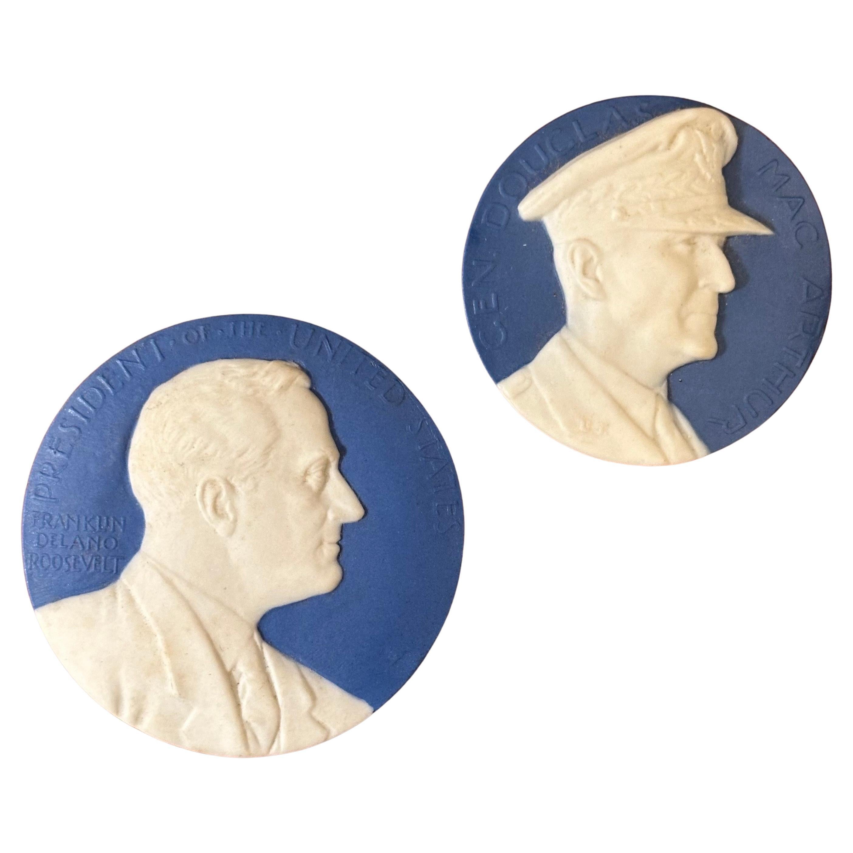 A really cool set of fourteen jasperware cameo medallions by Wedgwood, circa 1900s.  The set includes:

-Pair of Abraham Lincoln including a rare black background.
-Pair of horse head profiles
-Douglas McArthur
- FDR  
-Andrew Jackson
-Grover