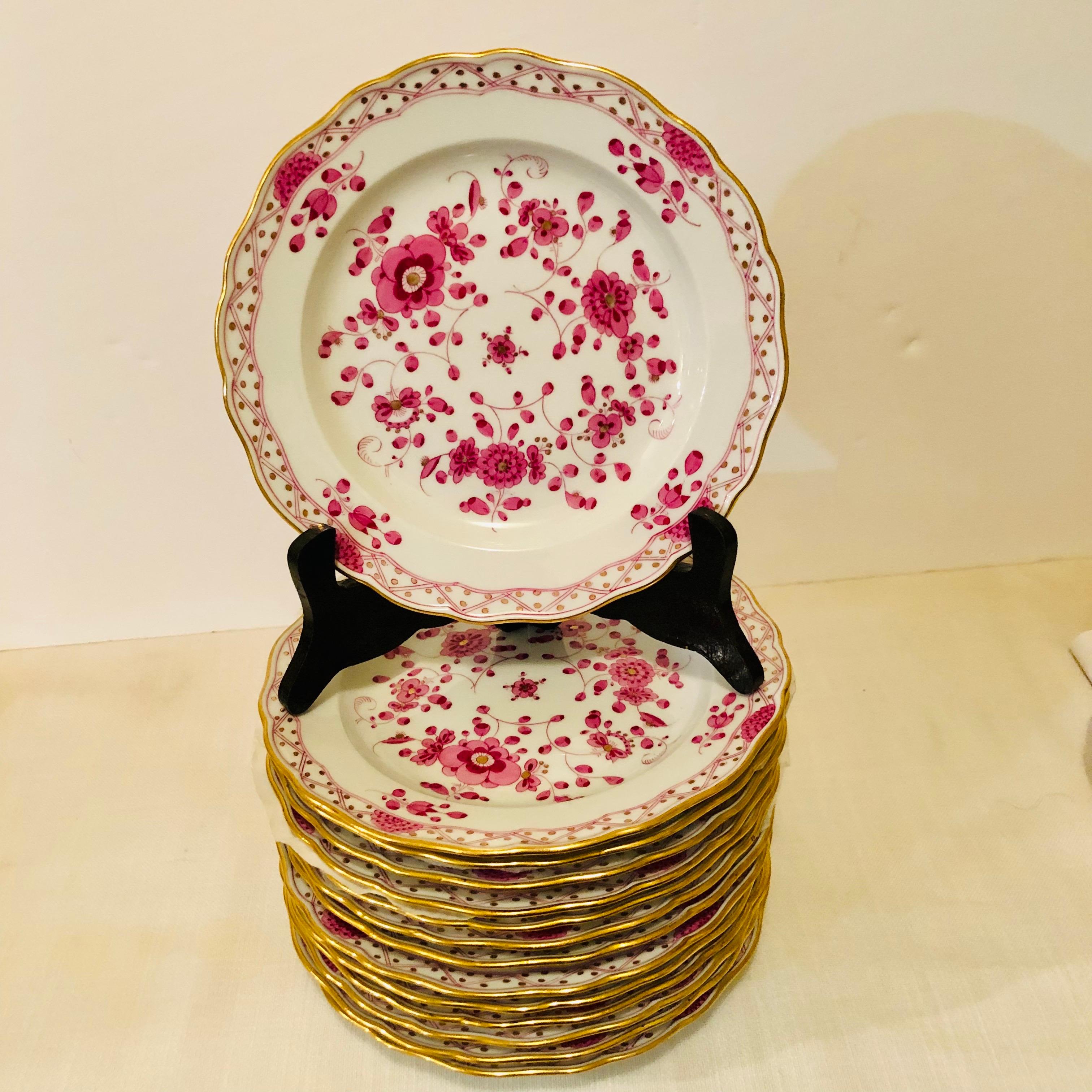 Rococo Set of Fourteen Meissen Purple Indian Dessert Plates from the Late 19th Century