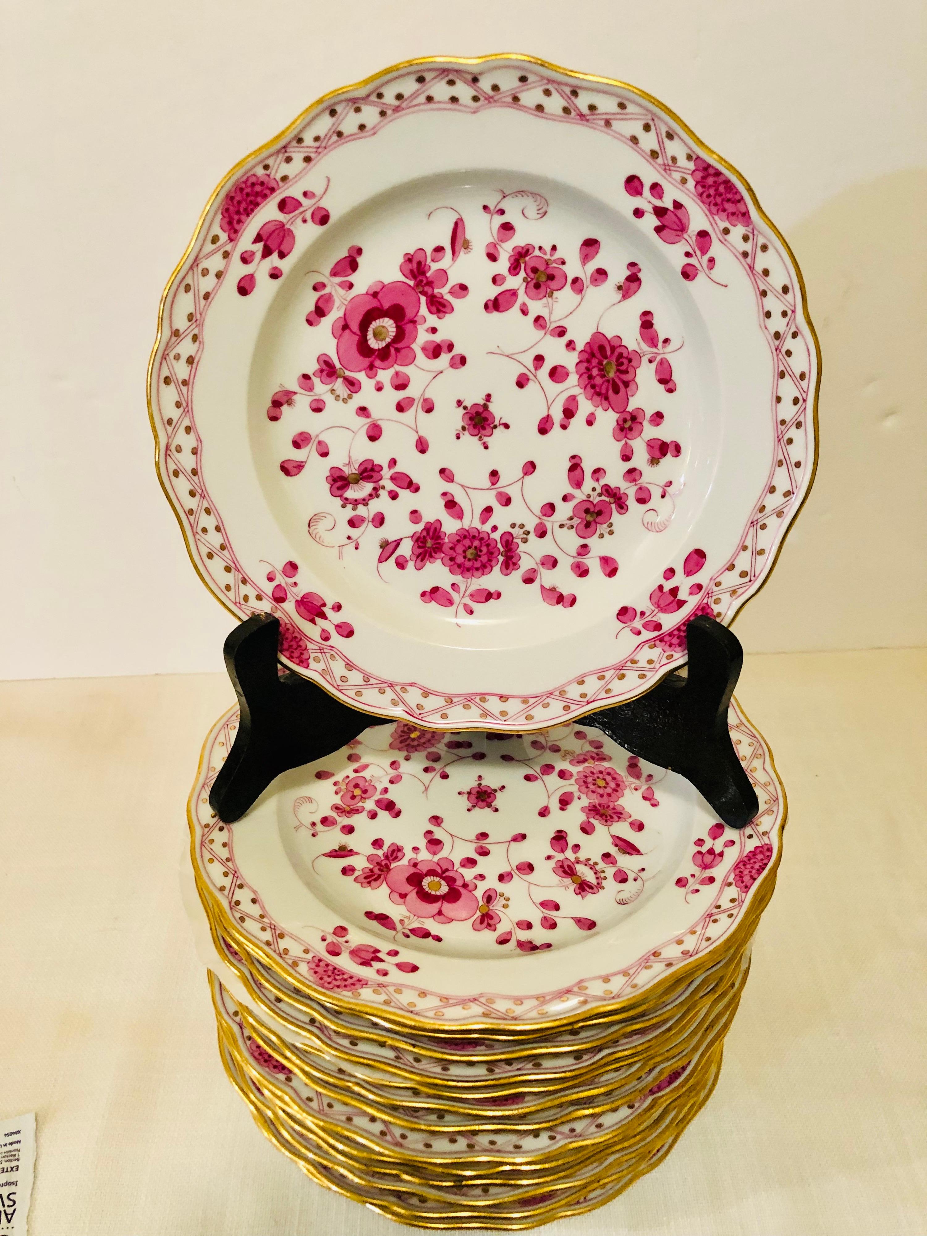 Hand-Painted Set of Fourteen Meissen Purple Indian Dessert Plates from the Late 19th Century