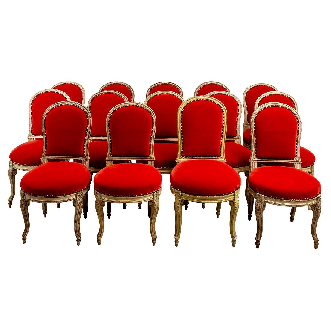 Set of Fourteen Orange Velvet Upholstered Dining Chairs, circa 1920s