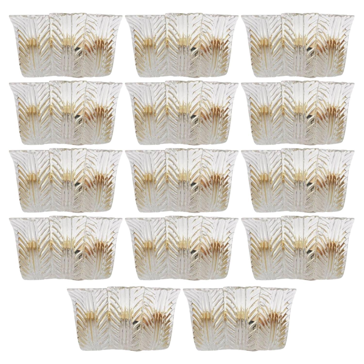Set of Fourteen Sconces w/ Clear Murano Glass Leaves by Maria Maggi Italy 1990's For Sale