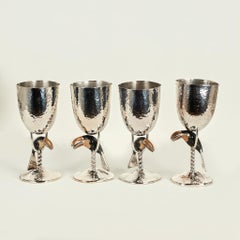 Set of Fourteen Silver on Copper Goblets or Stemware with Toucans by Castillos
