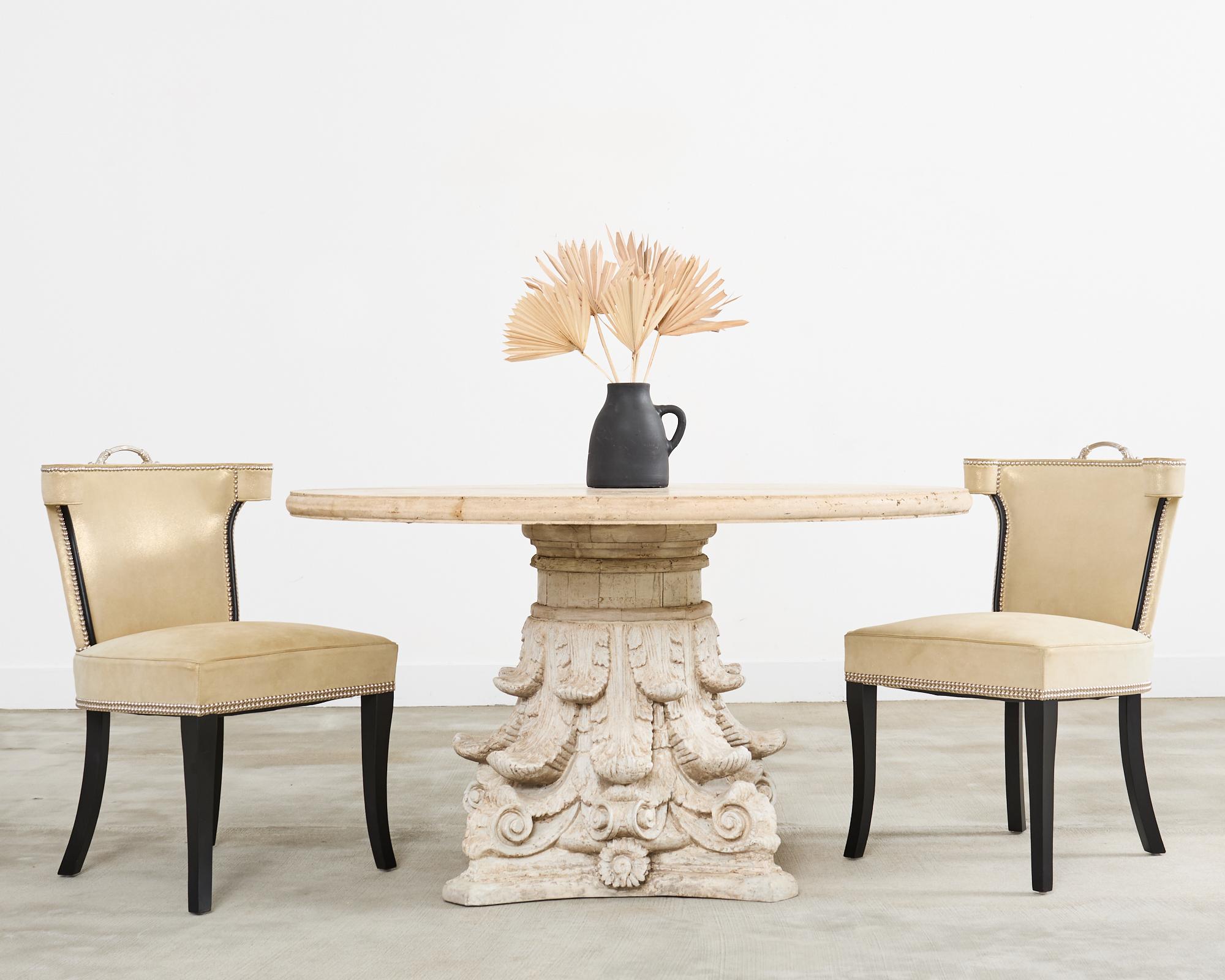 Monumental set of fourteen bespoke regency style casino chairs designed by Soane Britain for a Samantha Todhunter installation. The chairs feature a hardwood frame with an iconic English cockfighting chair design and a polished nickel butlers handle