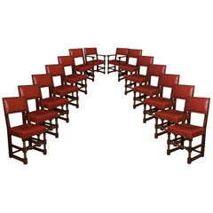 Set of Fourteen Substantial Leather Upholstered Oak Dining Chairs