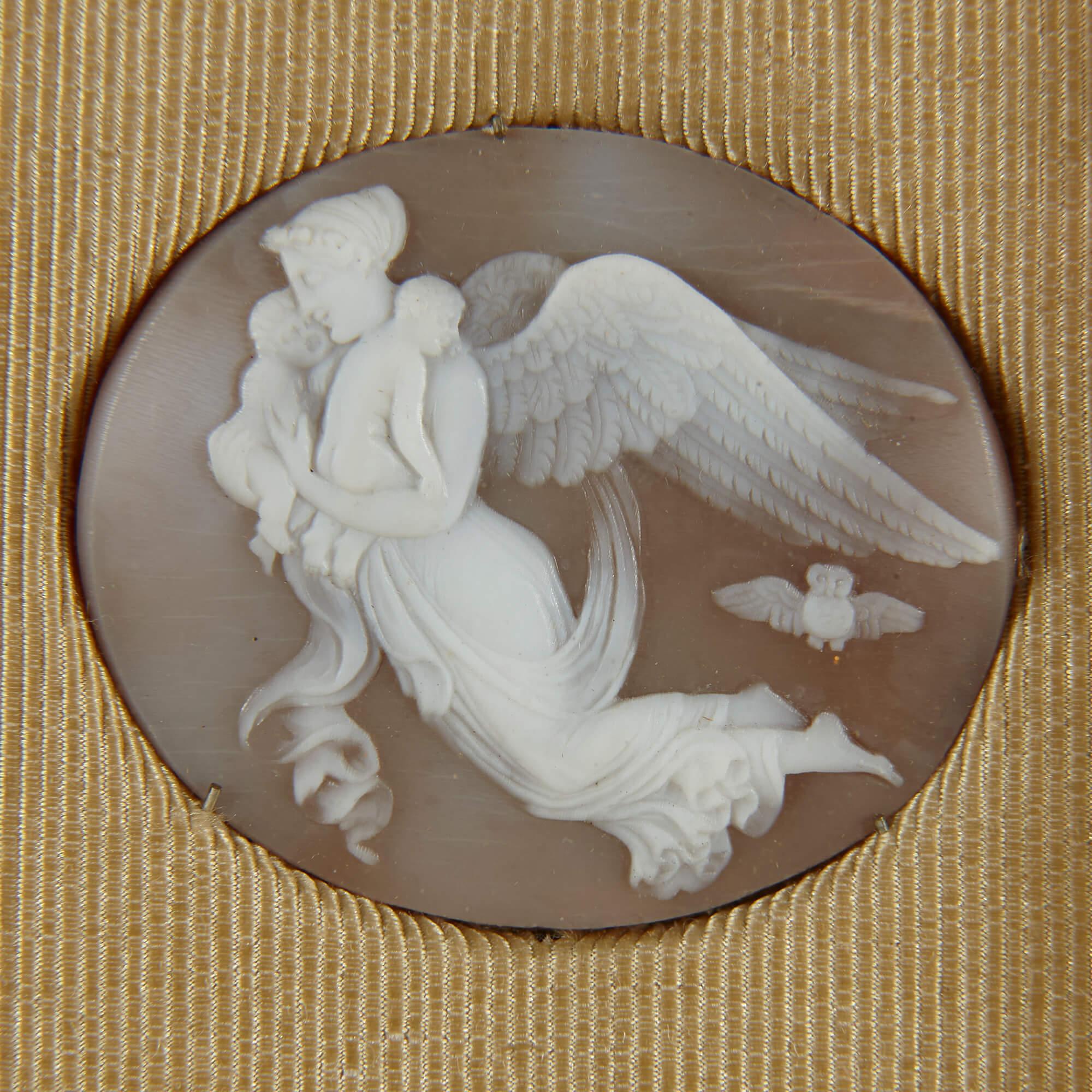 Set of framed Italian Grand Tour cameo plaques
Italian, 19th Century
Height 28cm, width 23.5cm, depth 2.5cm

Within a gilt frame, this set of cameo portrait plaques was made in Italian during the time of the Grand Tour, and consists of a set of