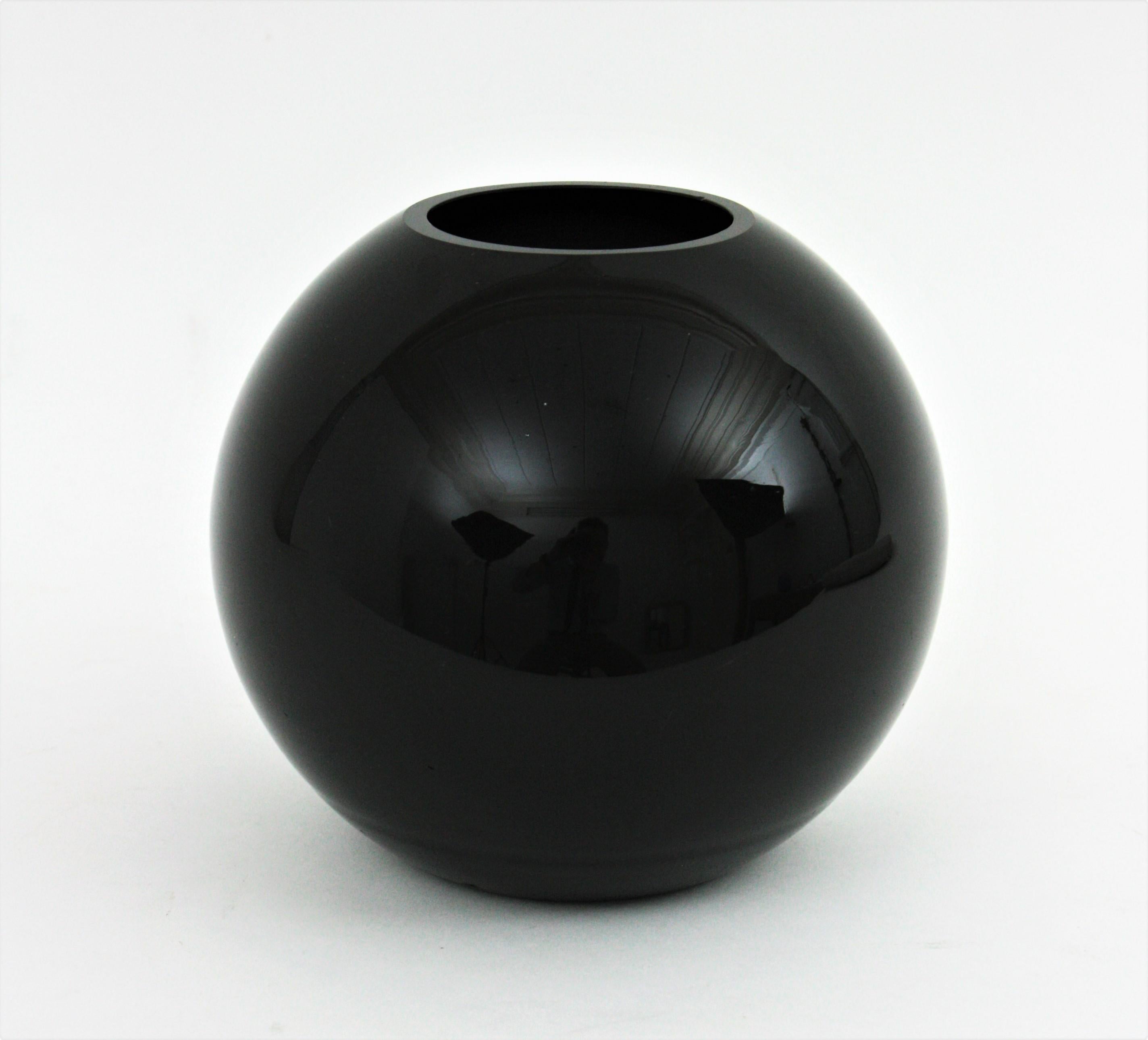 Set of Fratelli Toso Venini Murano Murrina Lattimo Blue & Black Glass Ball Vases For Sale 4