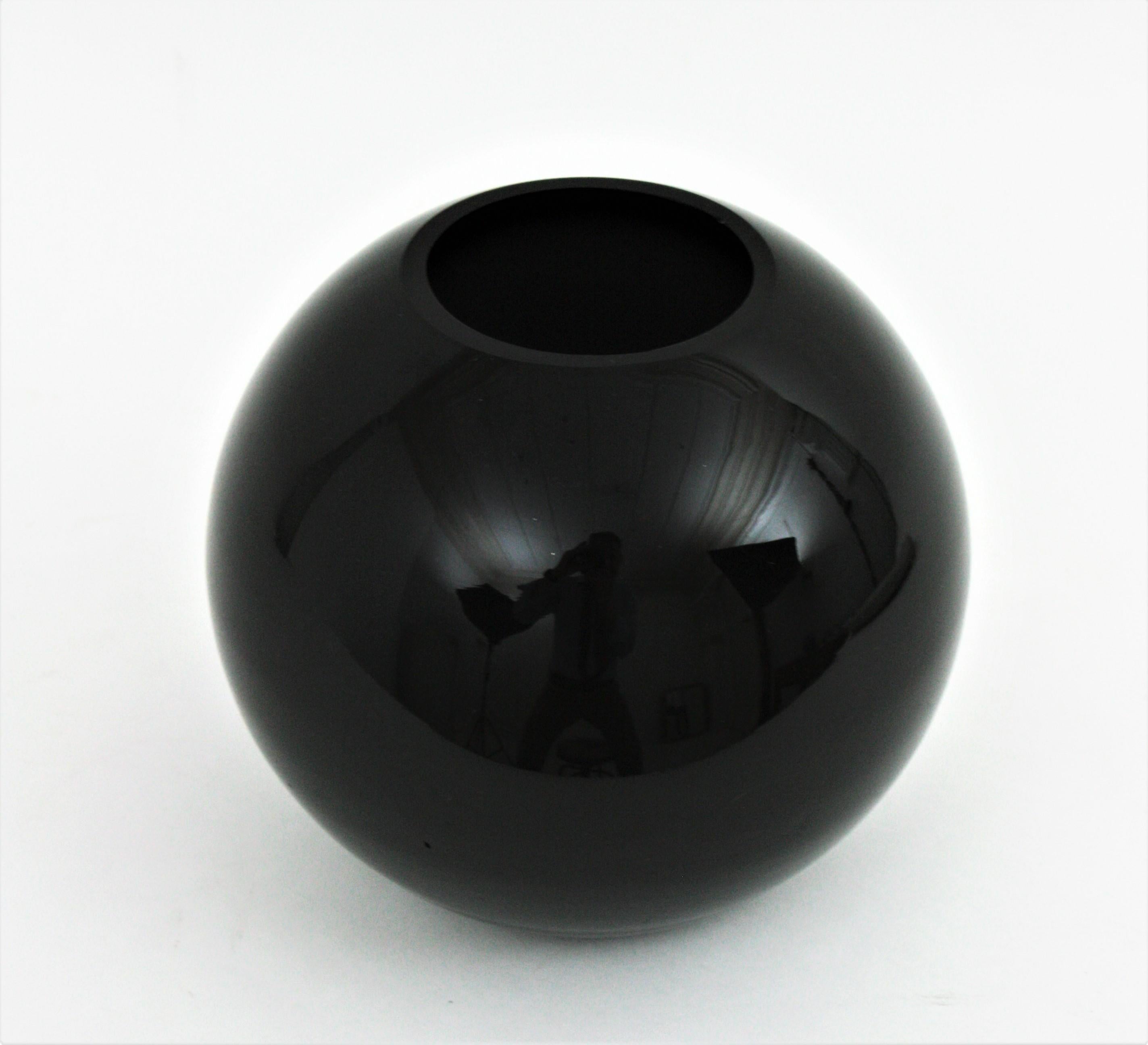 Set of Fratelli Toso Venini Murano Murrina Lattimo Blue & Black Glass Ball Vases For Sale 5