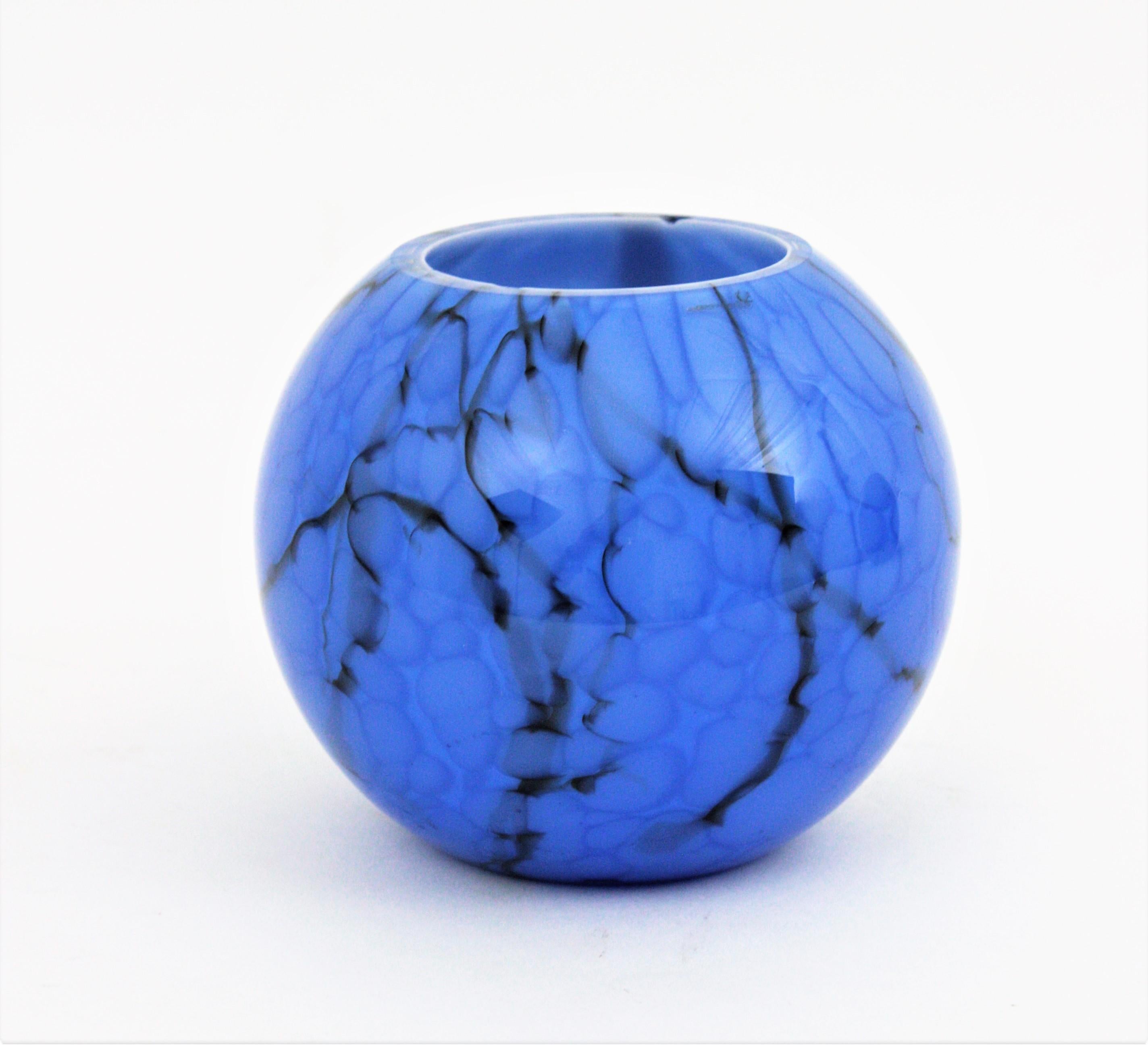 20th Century Set of Fratelli Toso Venini Murano Murrina Lattimo Blue & Black Glass Ball Vases For Sale
