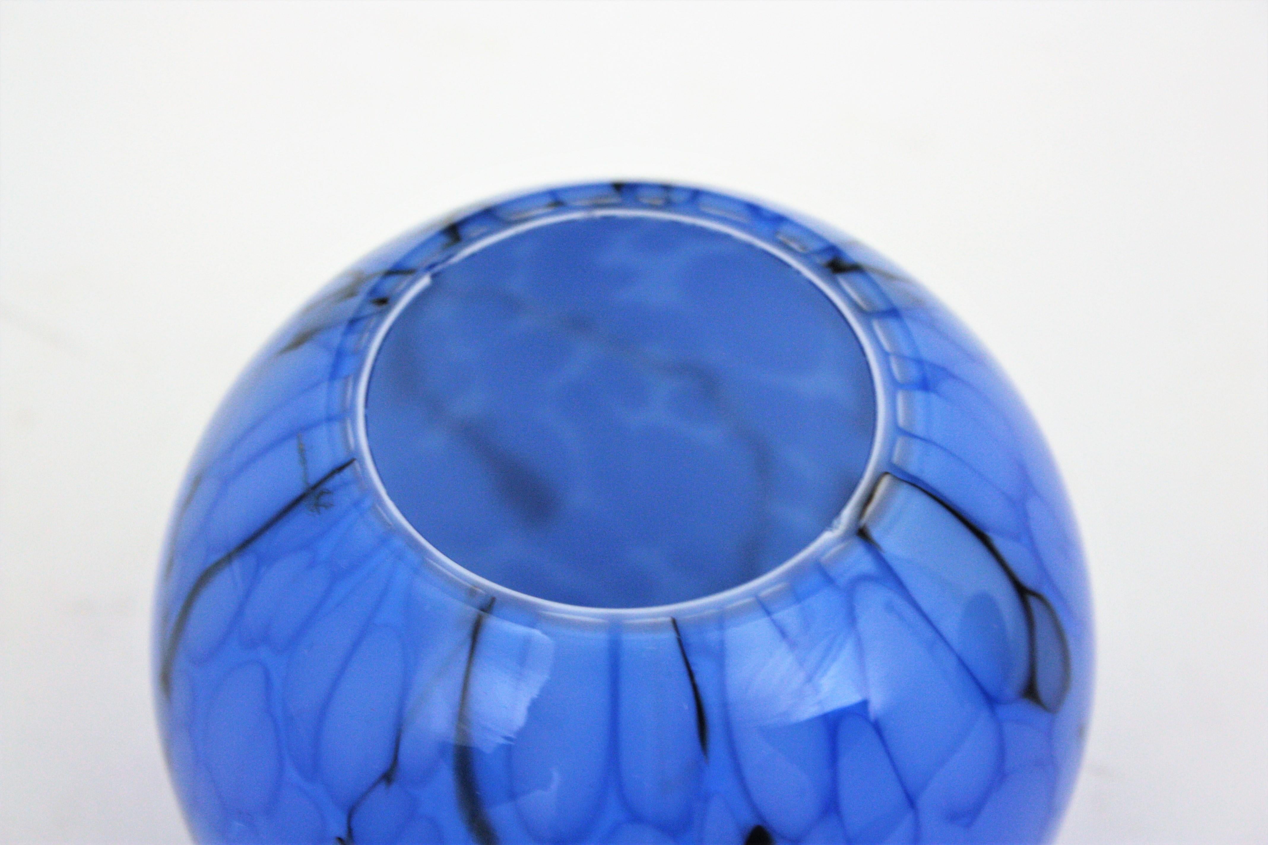 Set of Fratelli Toso Venini Murano Murrina Lattimo Blue & Black Glass Ball Vases For Sale 1