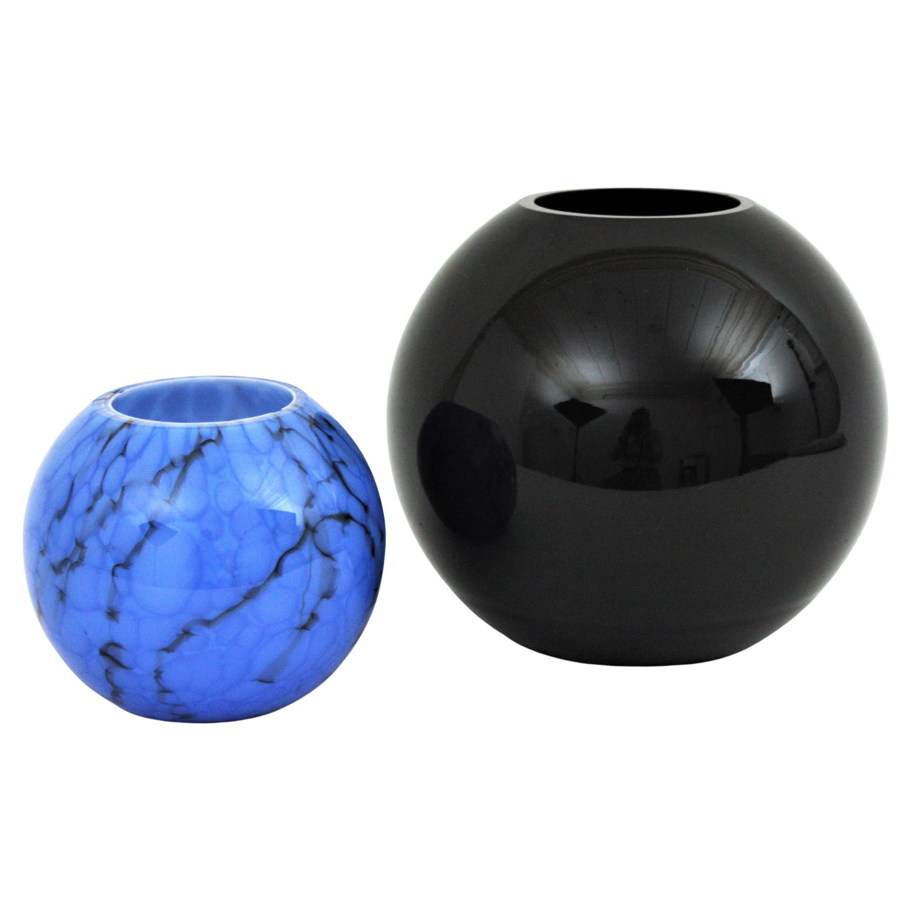 Set of Fratelli Toso Venini Murano Murrina Lattimo Blue & Black Glass Ball Vases For Sale