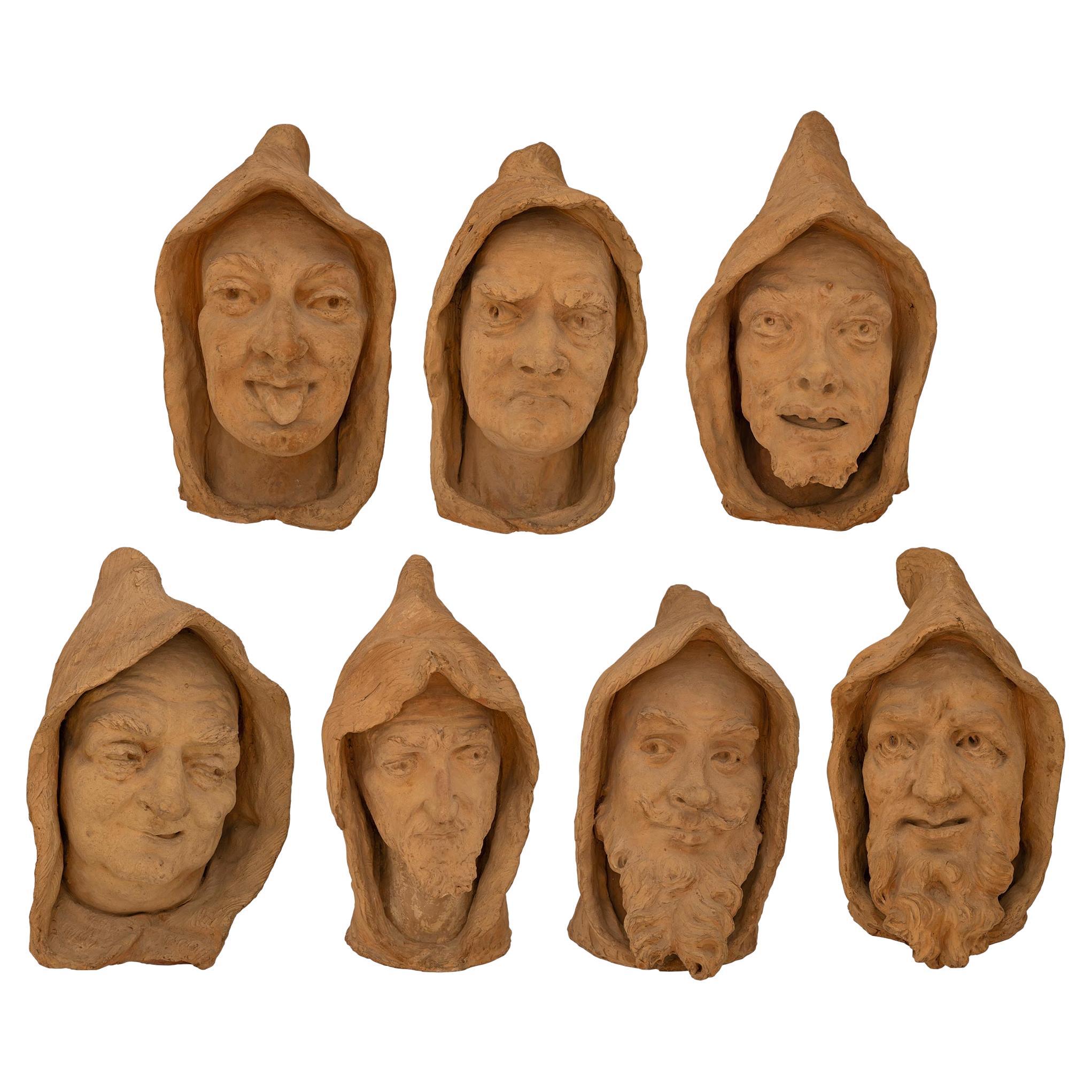 set of French 19th century Terra Cotta bust of the Seven Deadly Sins, by Florian For Sale