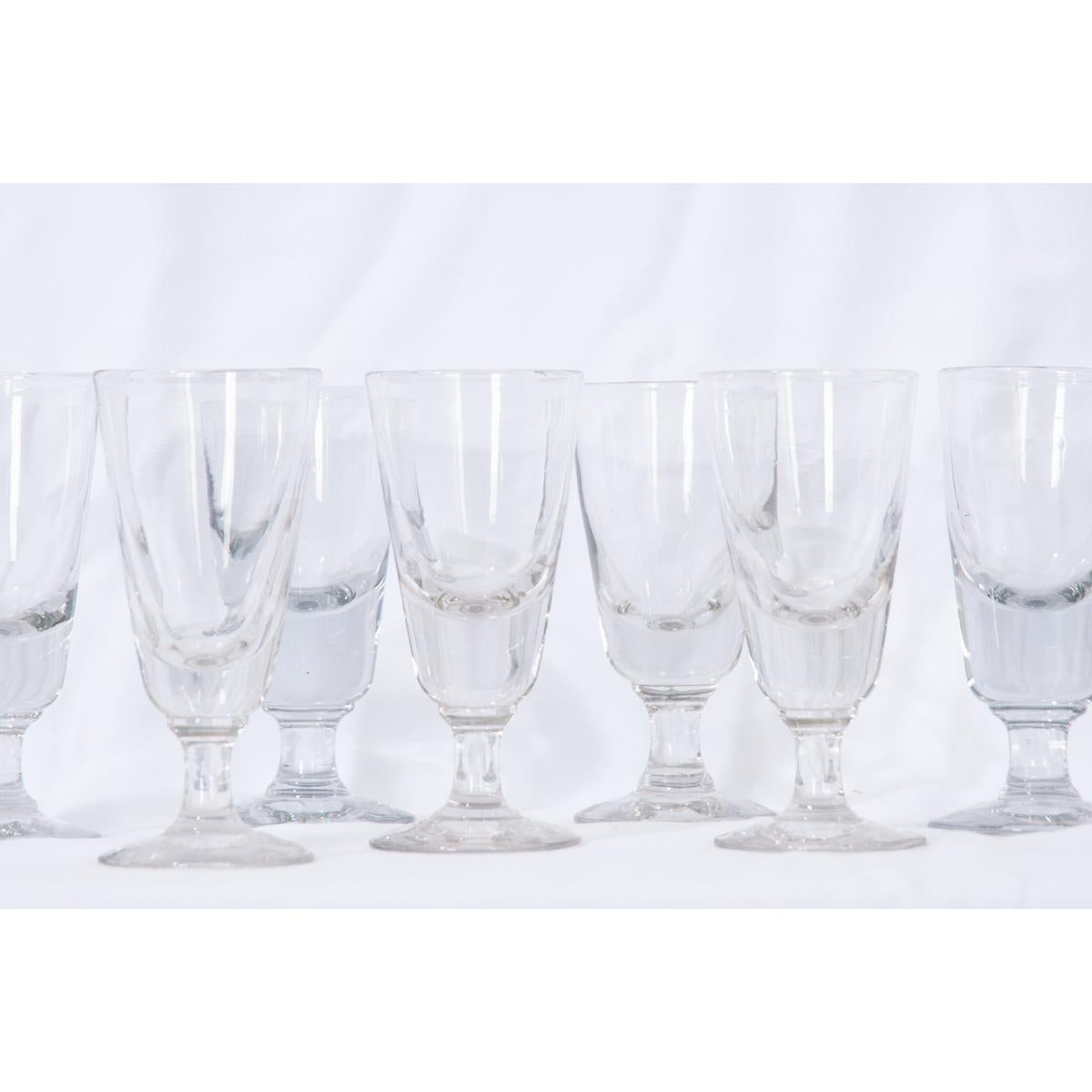 Set French glasses, circa 1880. These heavy, absinthe glasses are each unique hand blown pieces. Sold only as a set of six.