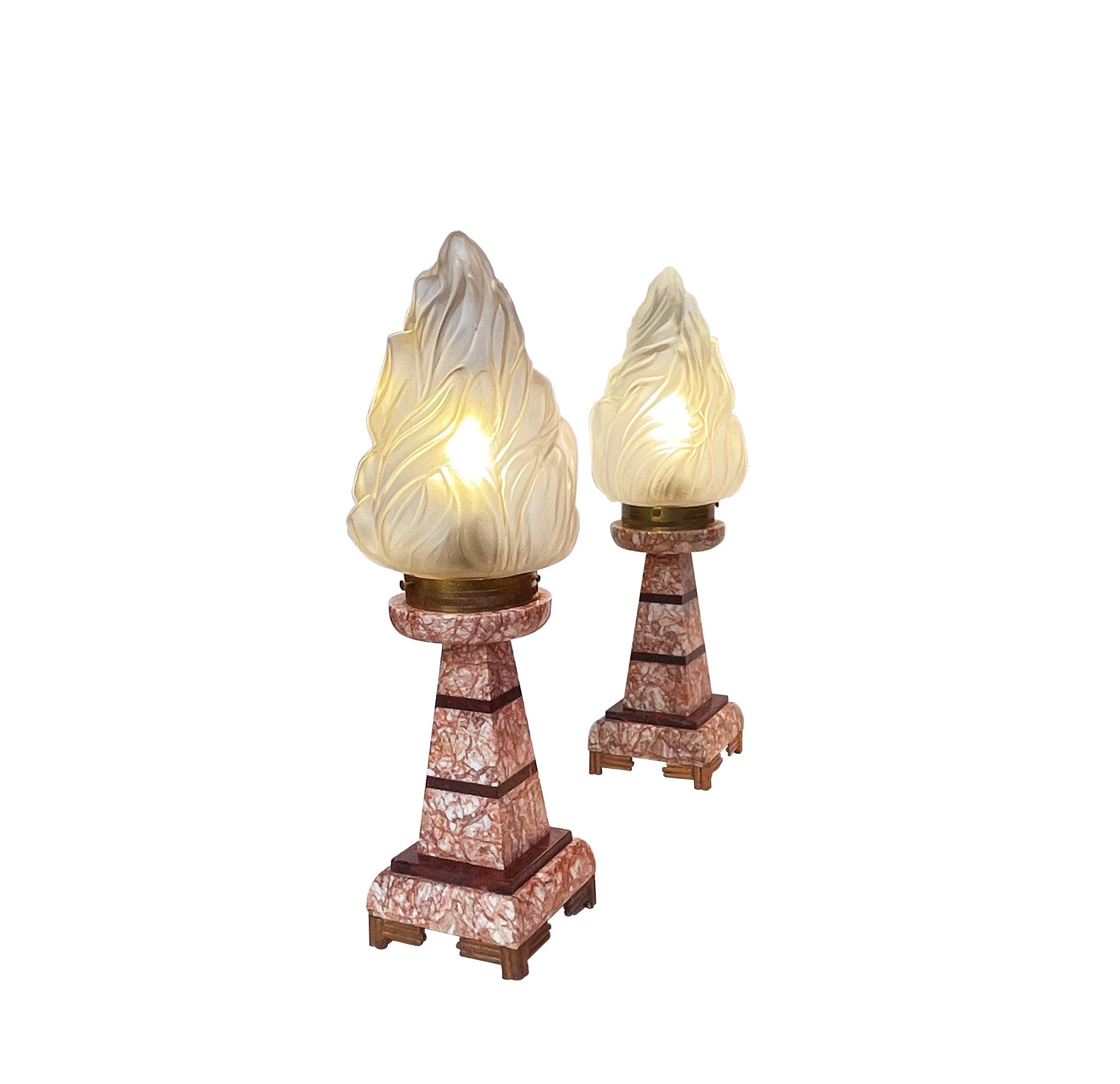 Mid-Century Modern Set of French Art Deco Empire Style Flame Torch Table Lamps Red Marble, 1930s For Sale
