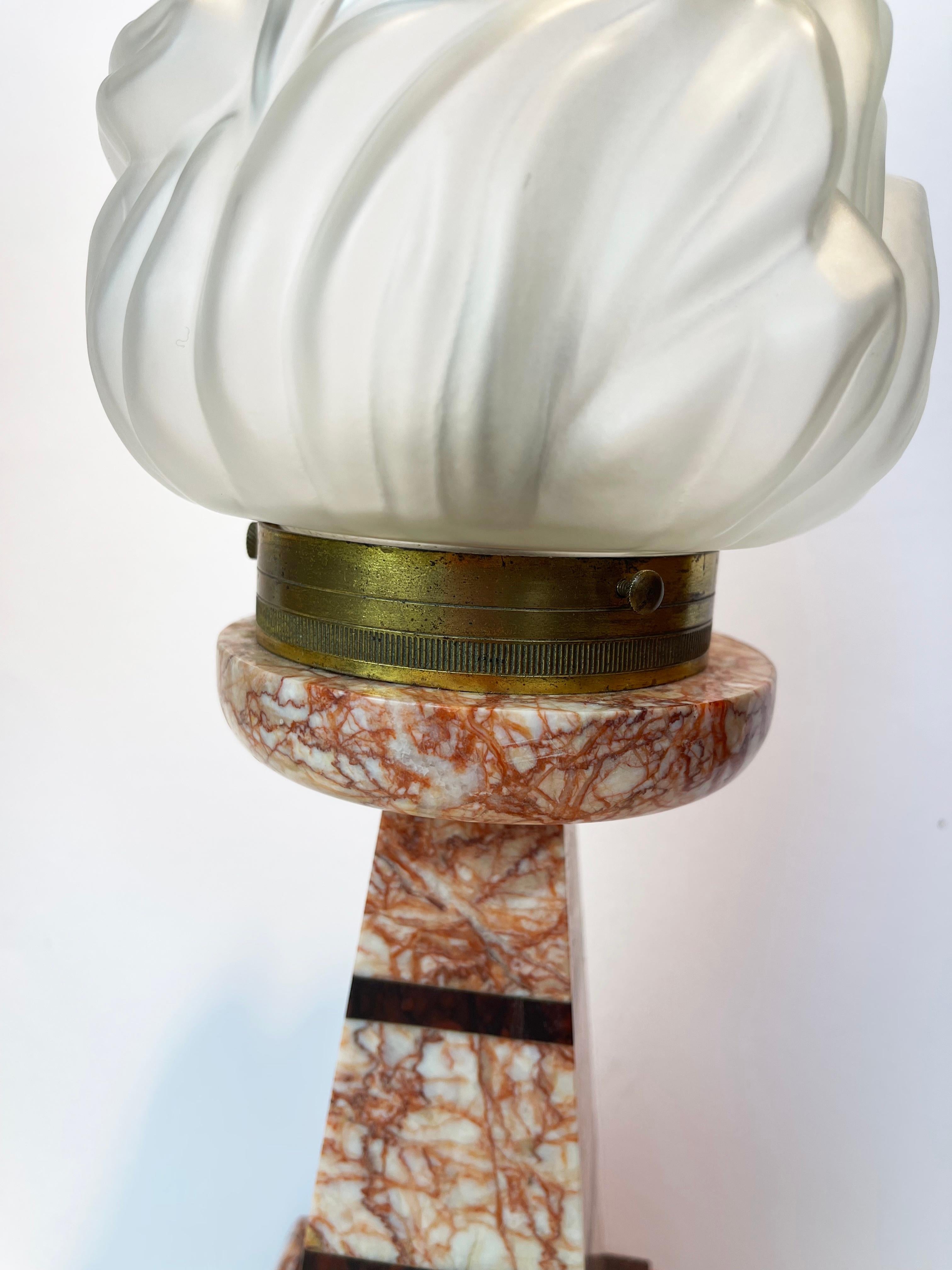 Set of French Art Deco Empire Style Flame Torch Table Lamps Red Marble, 1930s For Sale 2