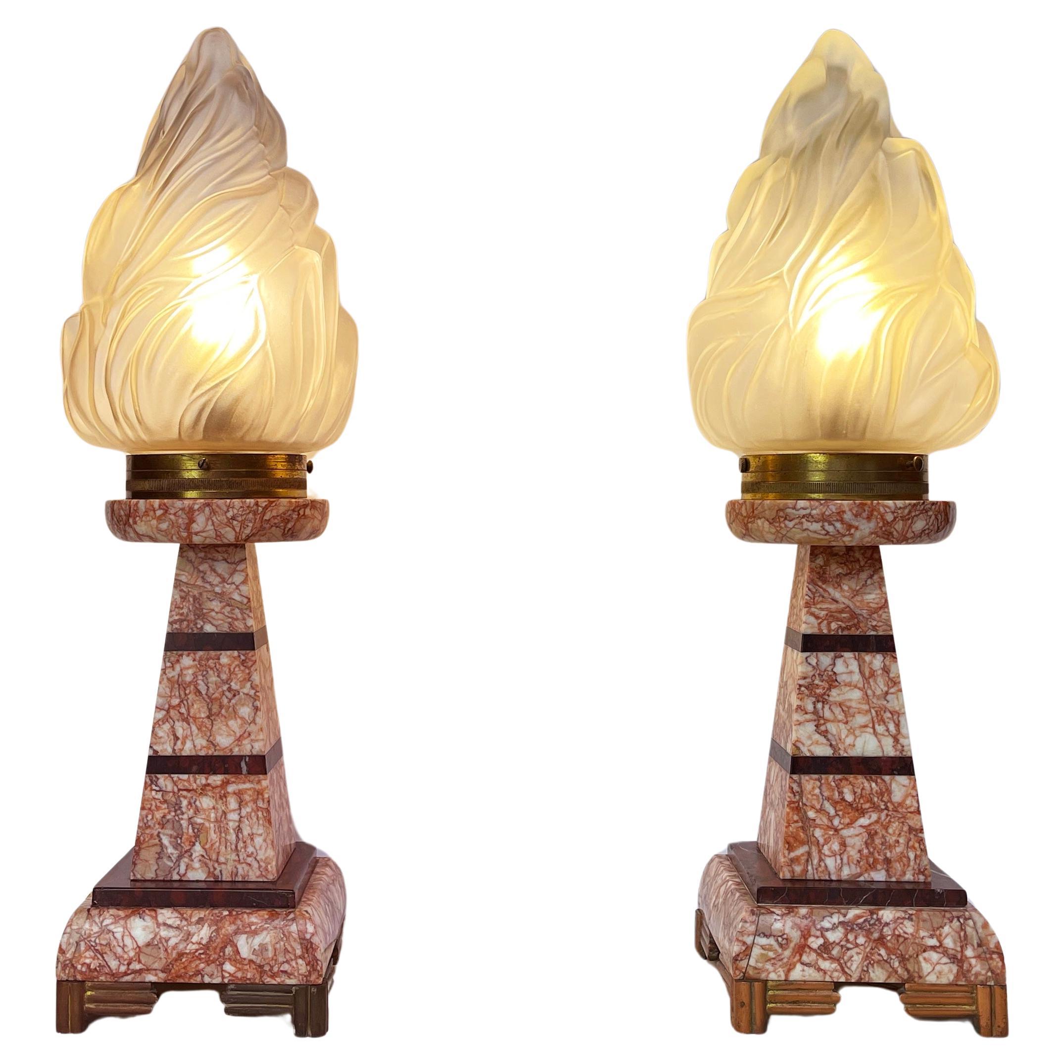 Set of French Art Deco Empire Style Flame Torch Table Lamps Red Marble, 1930s For Sale