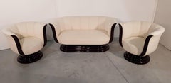 Set of French Art Deco Newly Beige Upholstered Two Armchairs and a Sofa 1940s