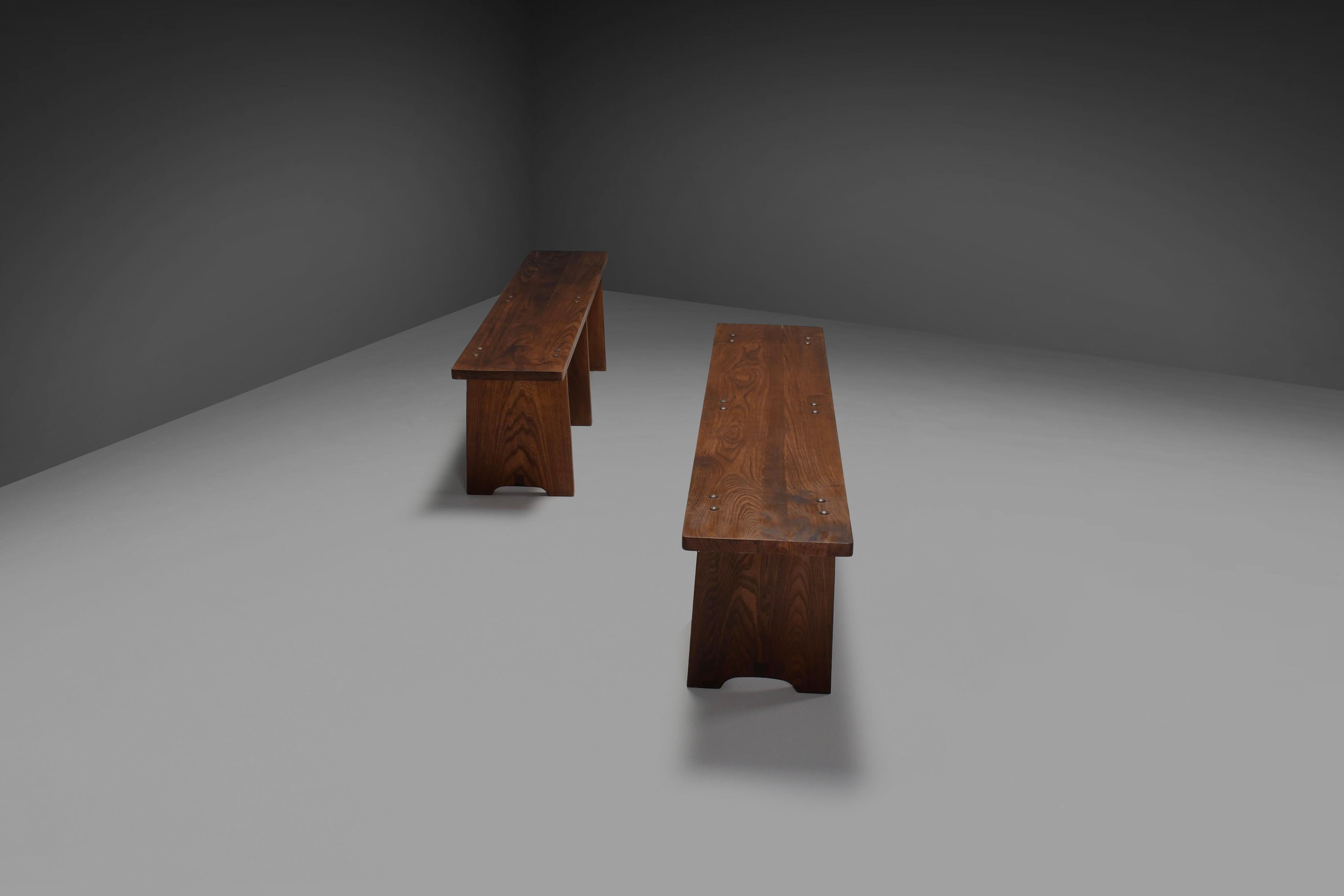 Brutalist Set of French Artisan Benches in Solid Elm Wood, 1960s For Sale