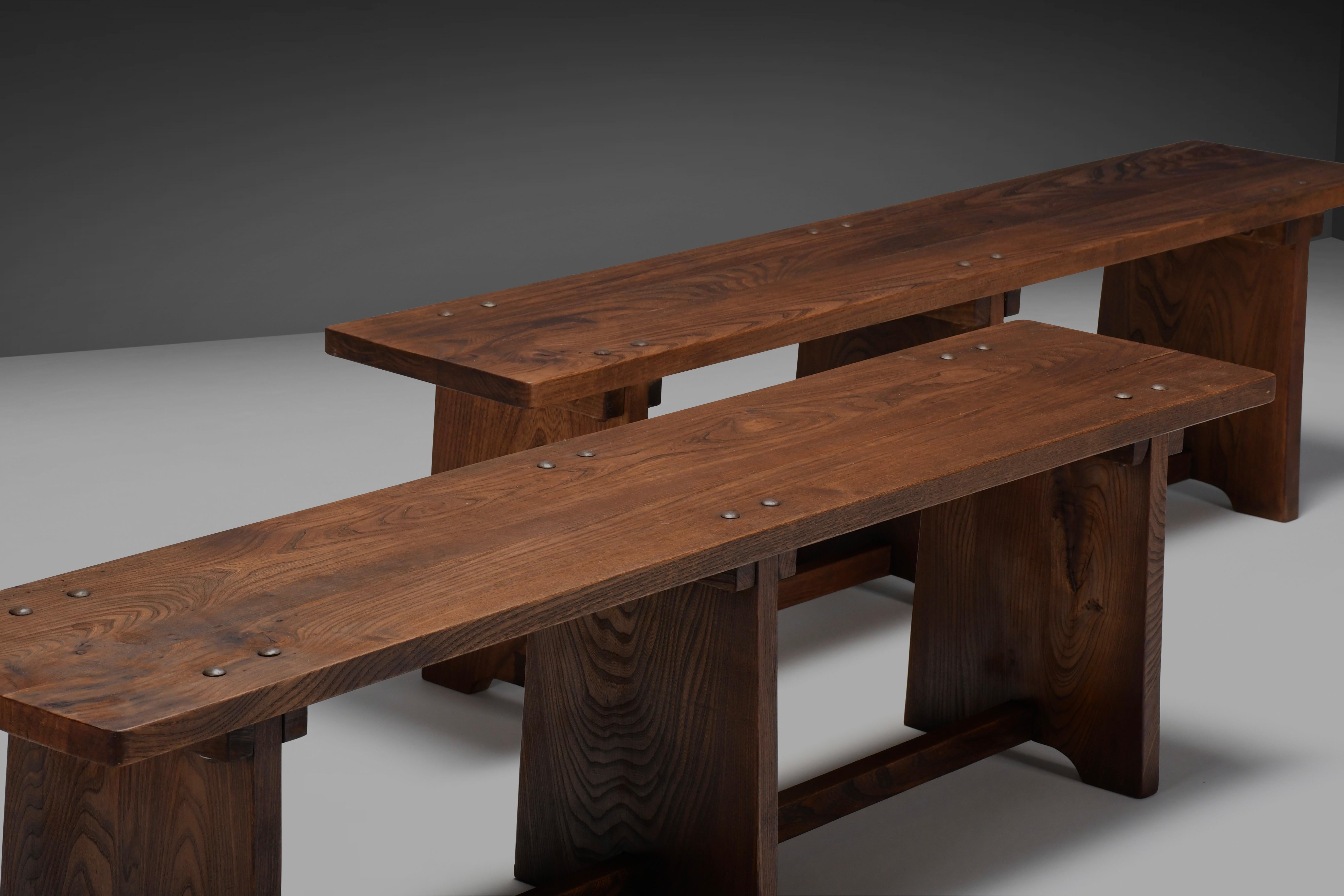 20th Century Set of French Artisan Benches in Solid Elm Wood, 1960s For Sale