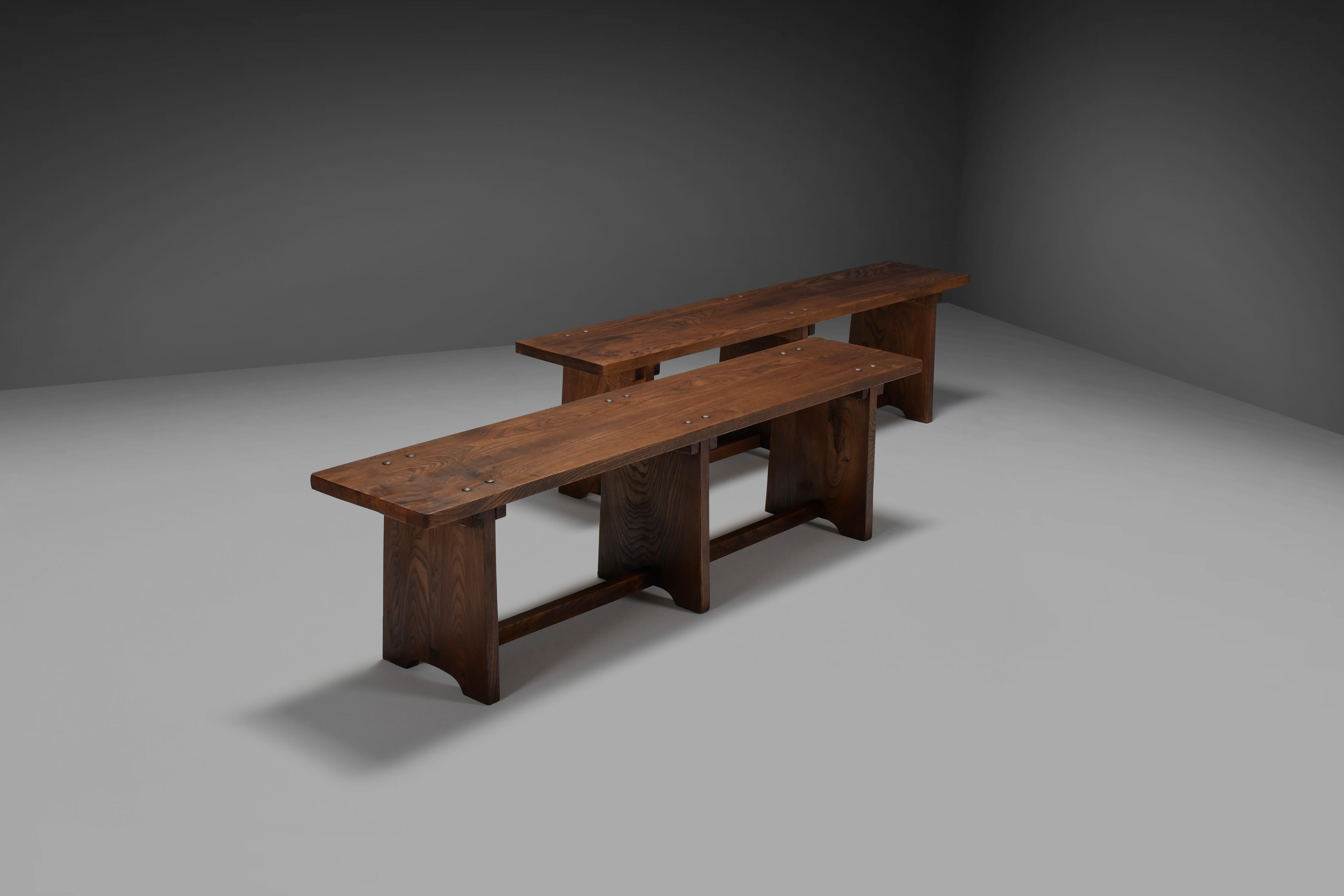 Set of French Artisan Benches in Solid Elm Wood, 1960s For Sale 1