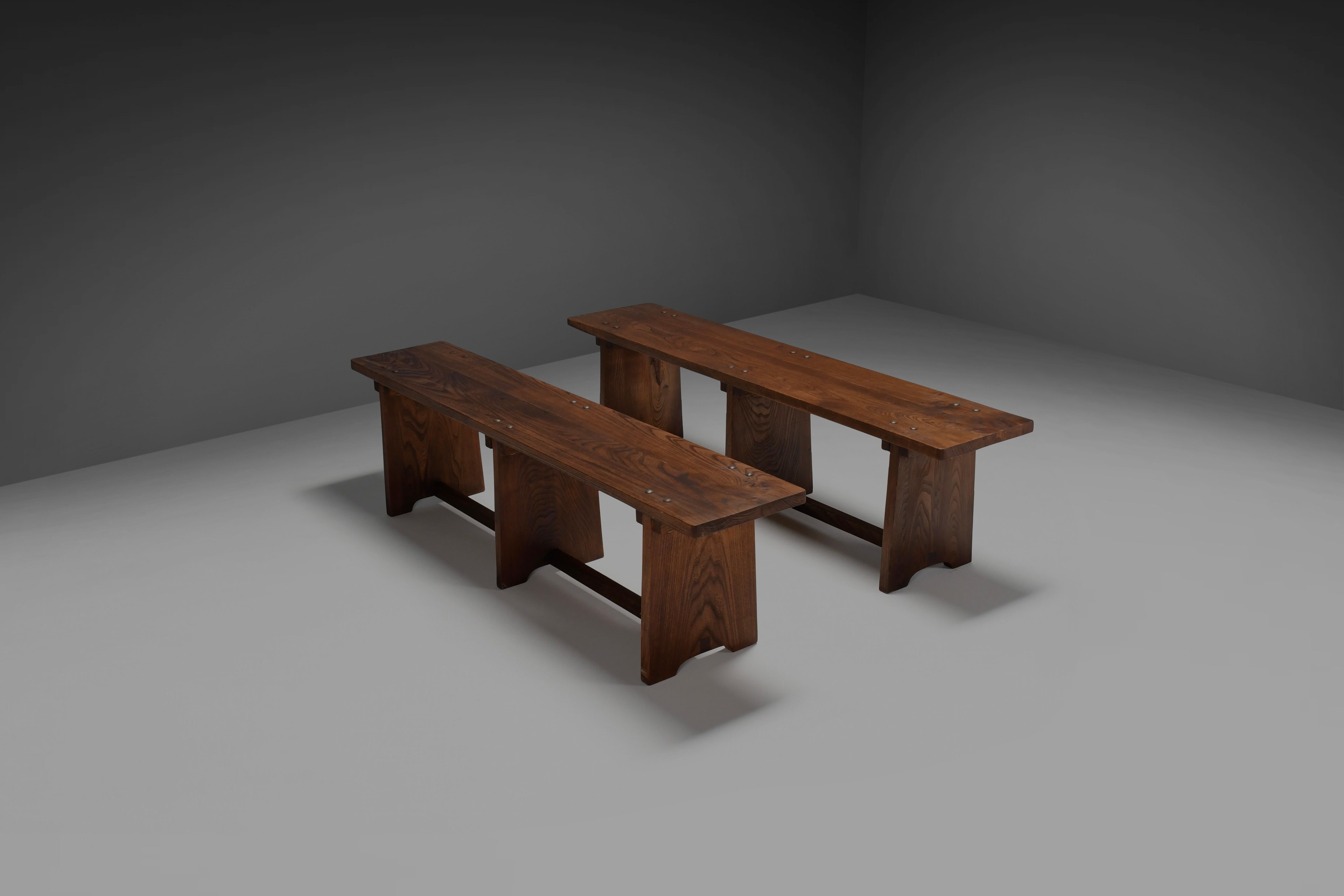 Set of French Artisan Benches in Solid Elm Wood, 1960s For Sale 2