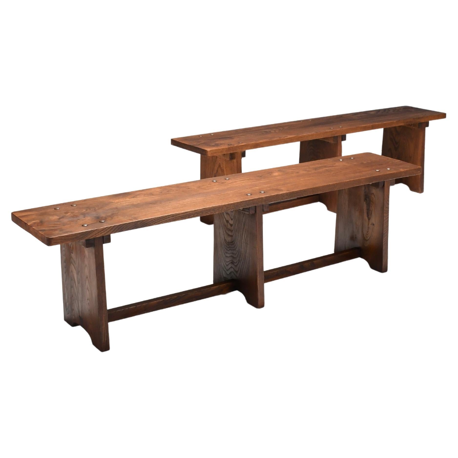 Set of French Artisan Benches in Solid Elm Wood, 1960s For Sale