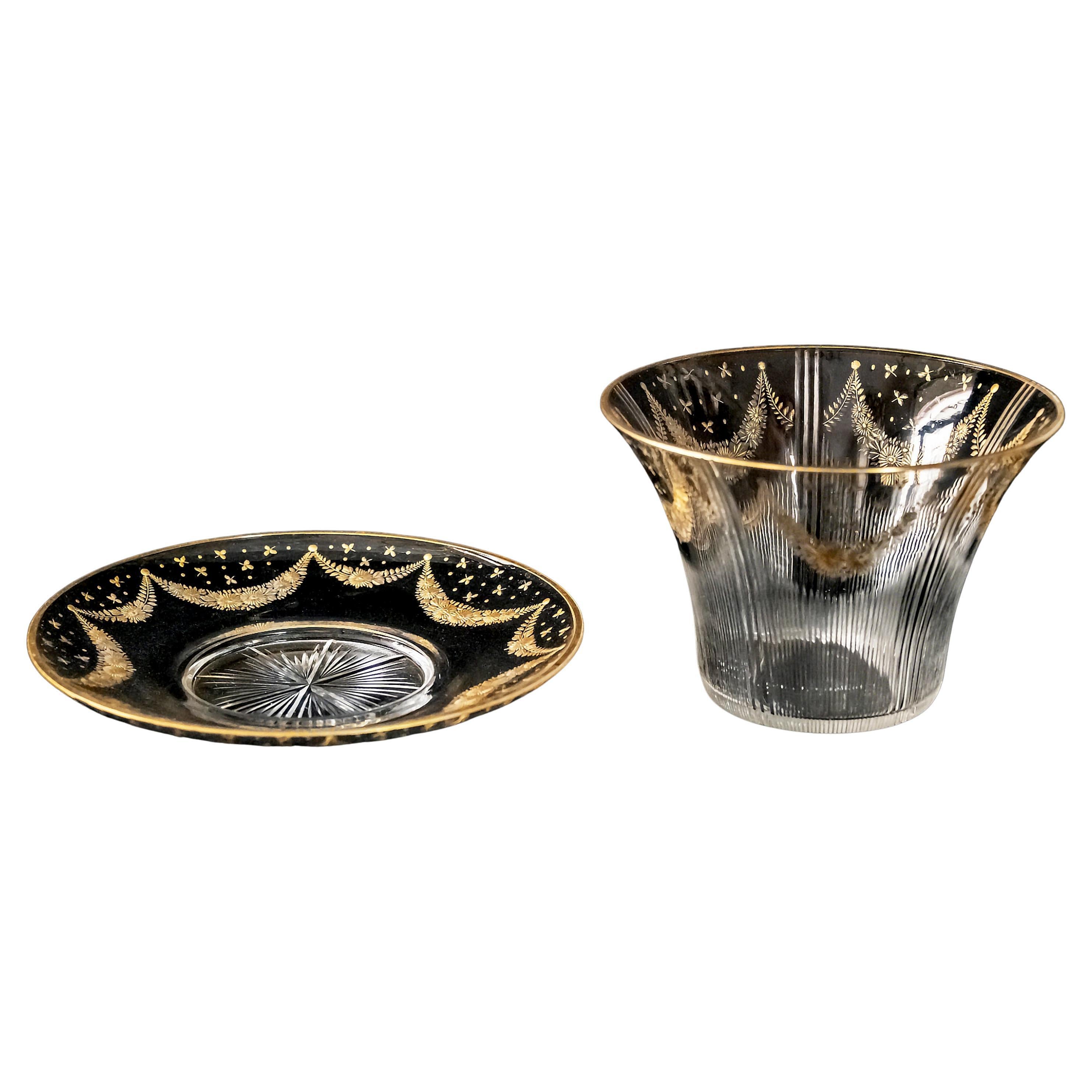 Set aus französischem Baccarat / Saint Louis Kristall Tafelaufsatz/Schale mit Teller (Vergoldet) im Angebot