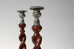 Set of  French Barley Twist candlesticks in wood with silver-plated bobeches, ca