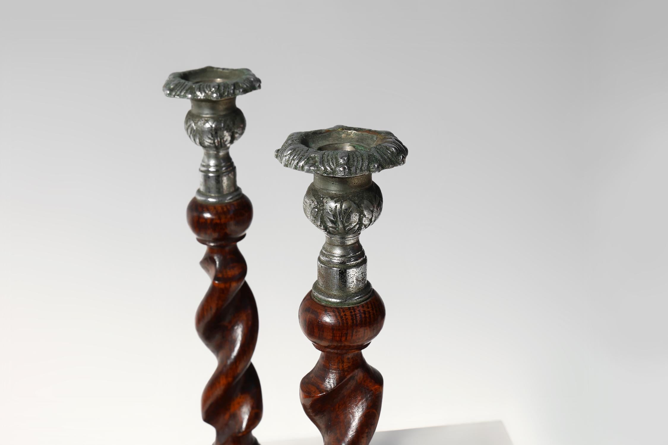 Silvered Set of  French Barley Twist candlesticks in wood with silver-plated bobeches, ca For Sale