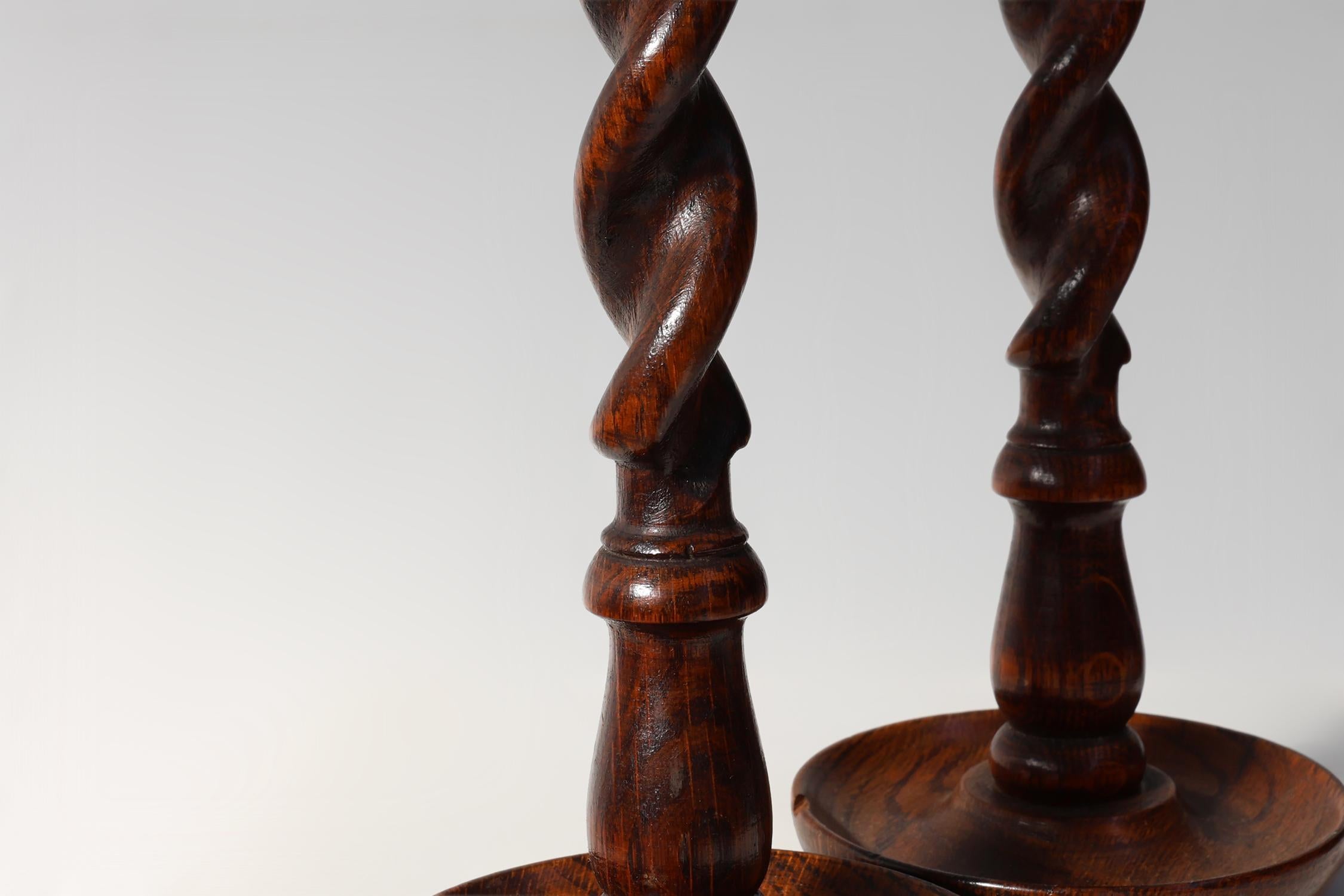 19th Century Set of  French Barley Twist candlesticks in wood with silver-plated bobeches, ca For Sale