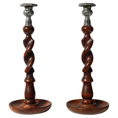 Set of  French Barley Twist candlesticks in wood with silver-plated bobeches, ca