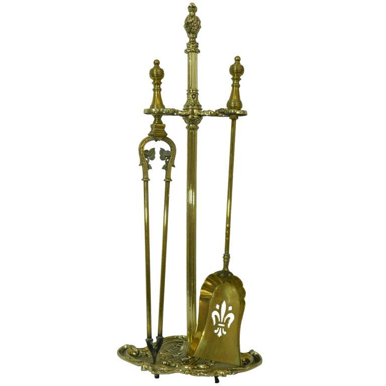 Set of French Brass Matched Fire Tools on Stand, 19th Century