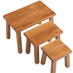 Set of French Brutalist Solid Oak Nesting Tables, C. 1960