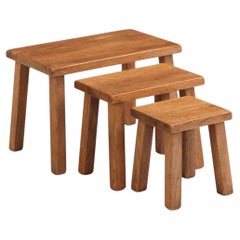Set of French Brutalist Solid Oak Nesting Tables, C. 1960