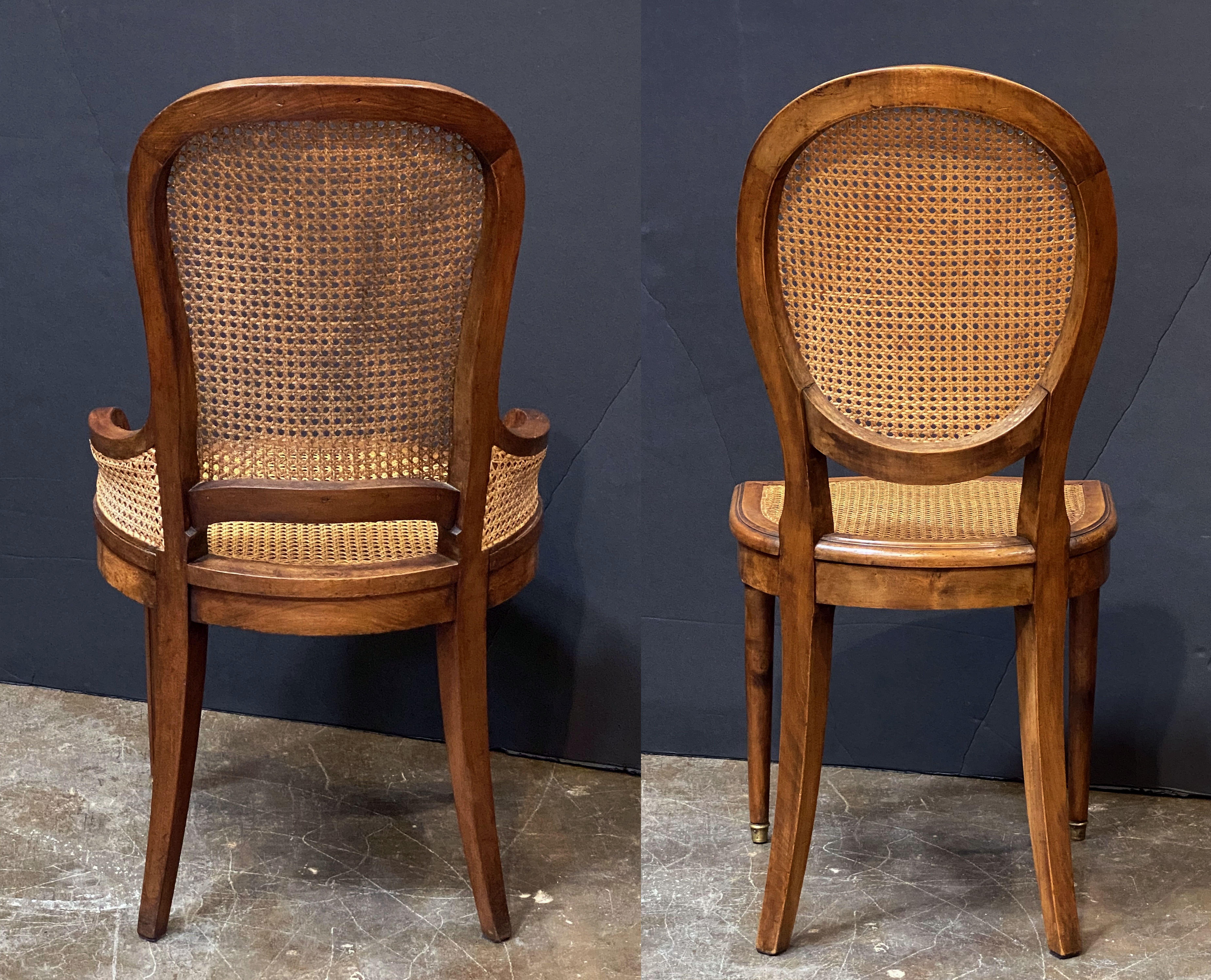 Set of French Caned Walnut Bergère Dining Chairs, Two Arms and Four Side Chairs 7