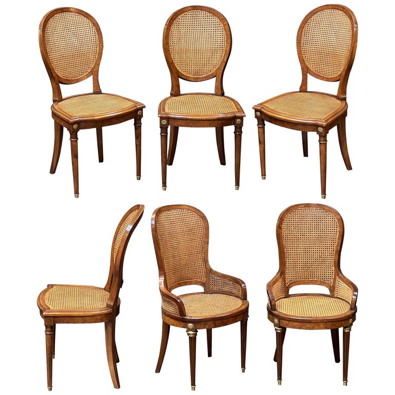 Set of French Caned Walnut Bergère Dining Chairs, Two Arms and Four