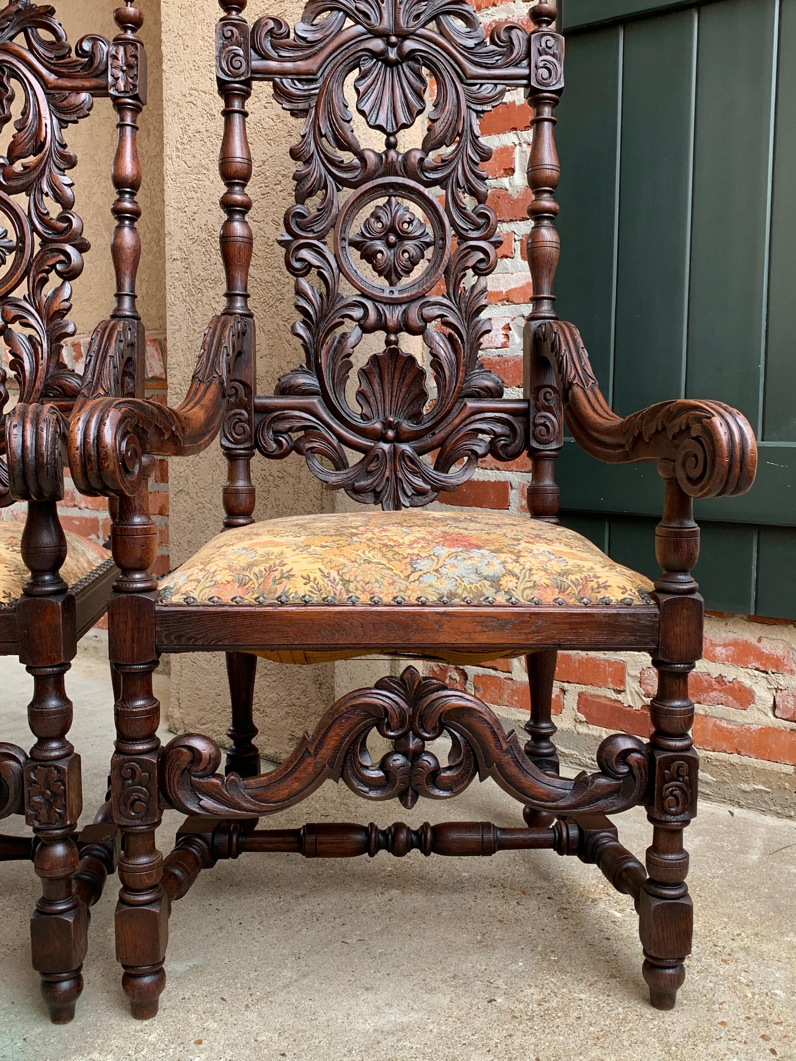 Set 19th century French Dining Throne Armchair Louis XIV Carved Oak Renaissance 5