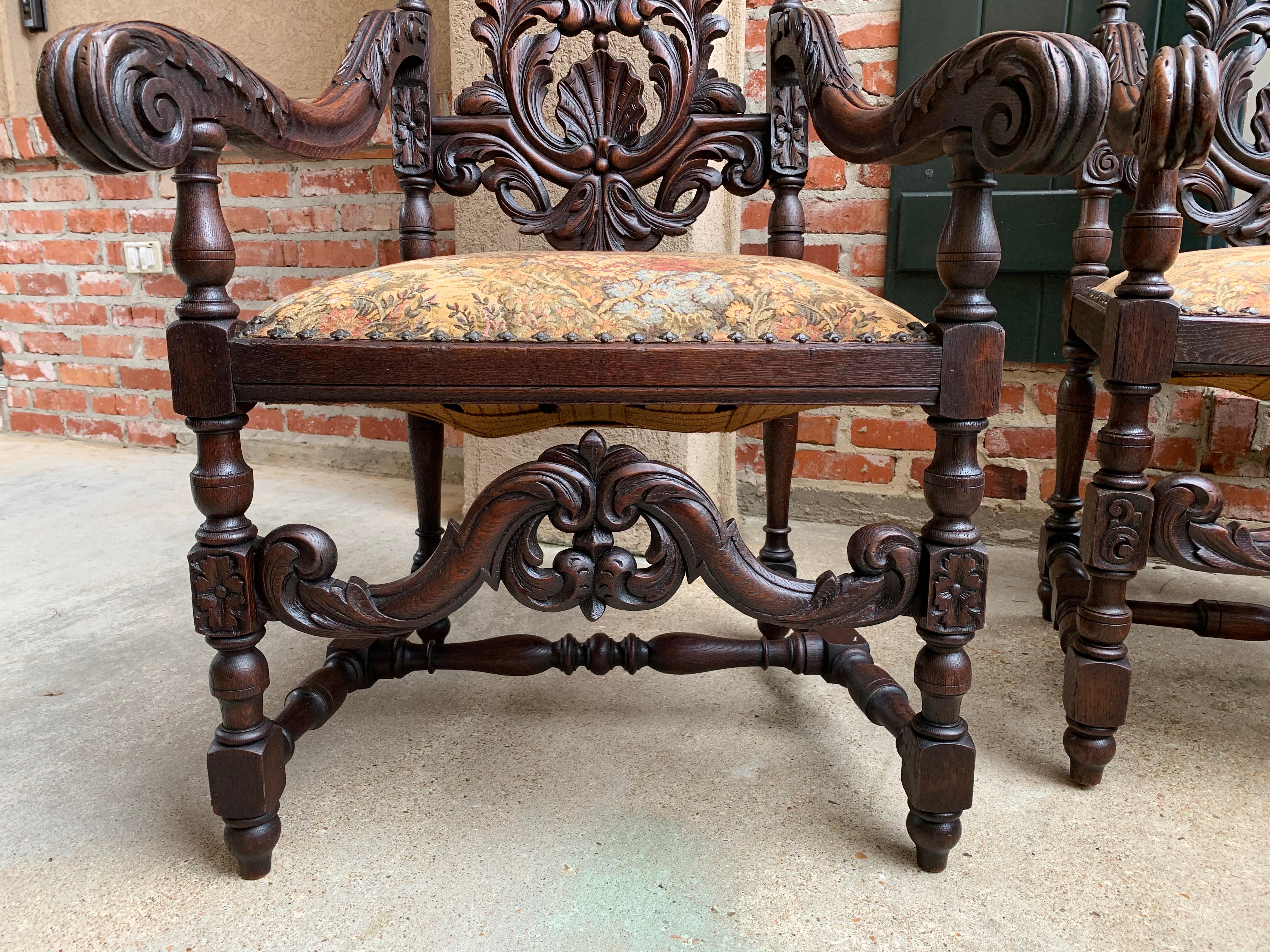 Set 19th century French Dining Throne Armchair Louis XIV Carved Oak Renaissance 6