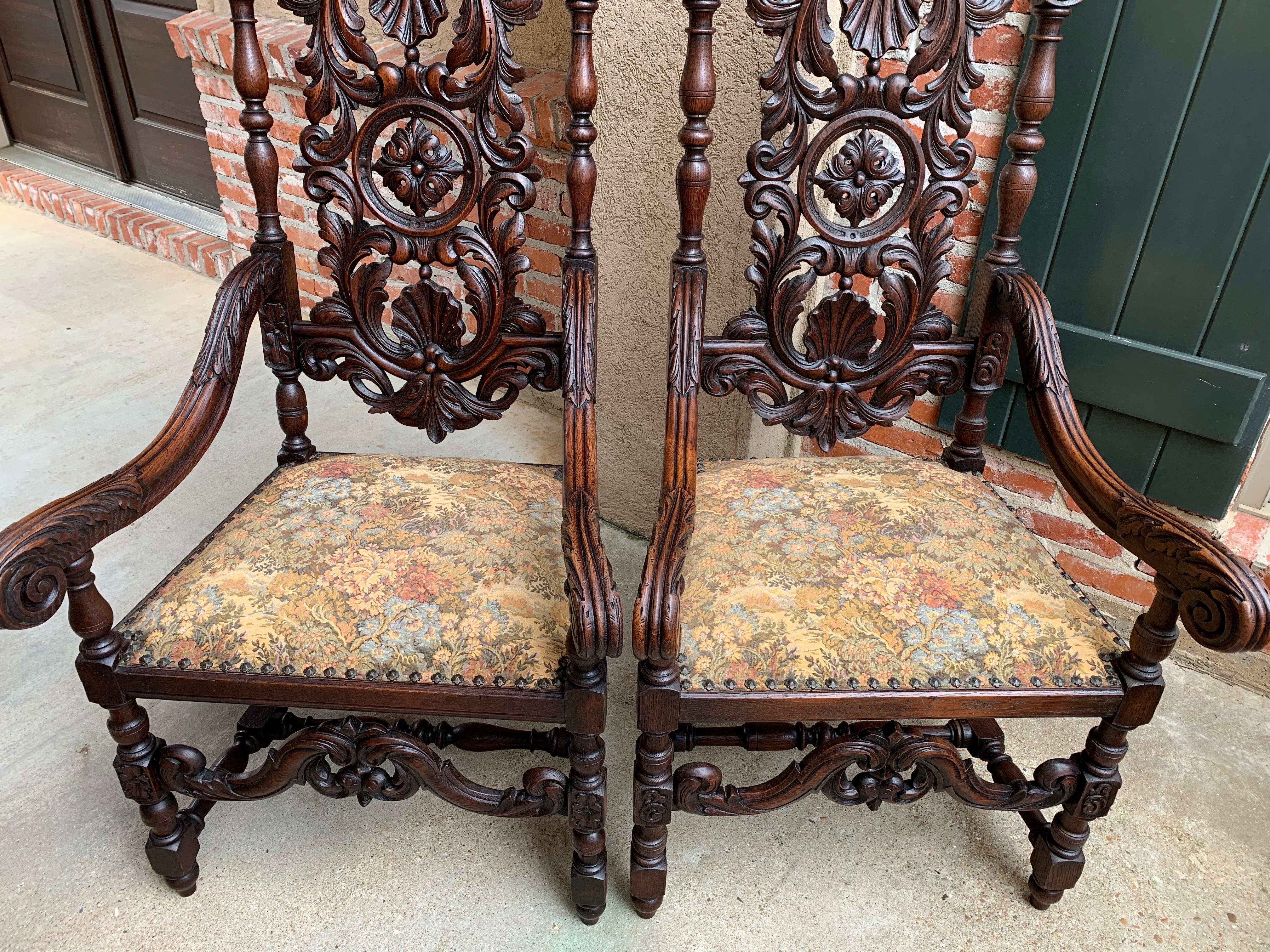 Set 19th century French Dining Throne Armchair Louis XIV Carved Oak Renaissance 7