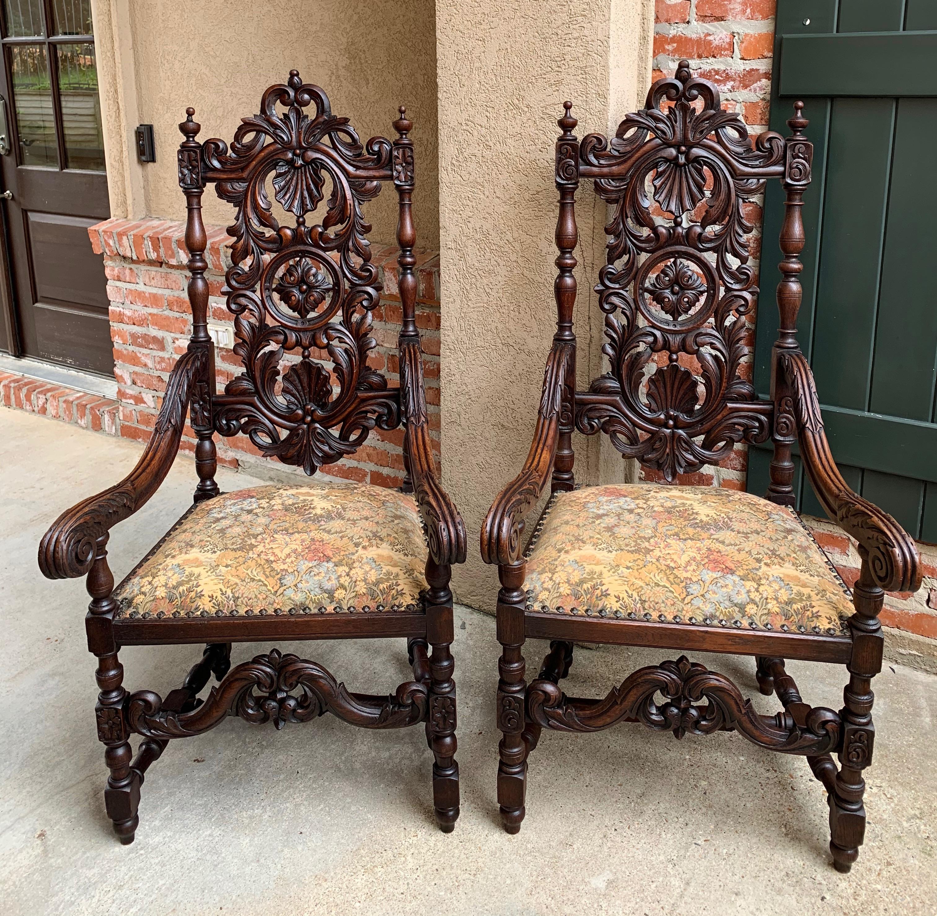 Hand-Carved Set 19th century French Dining Throne Armchair Louis XIV Carved Oak Renaissance