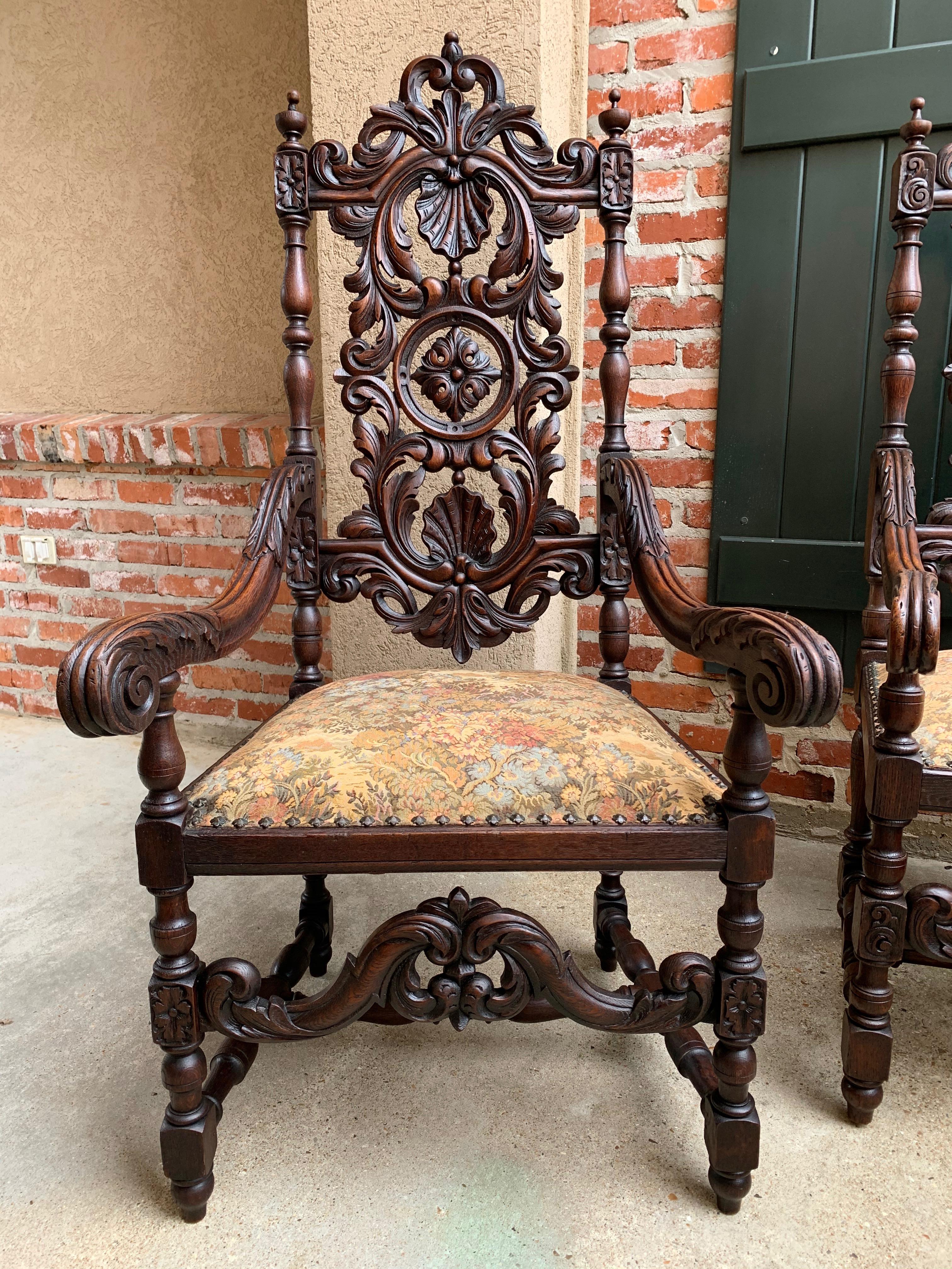 Set 19th century French Dining Throne Armchair Louis XIV Carved Oak Renaissance In Good Condition In Shreveport, LA