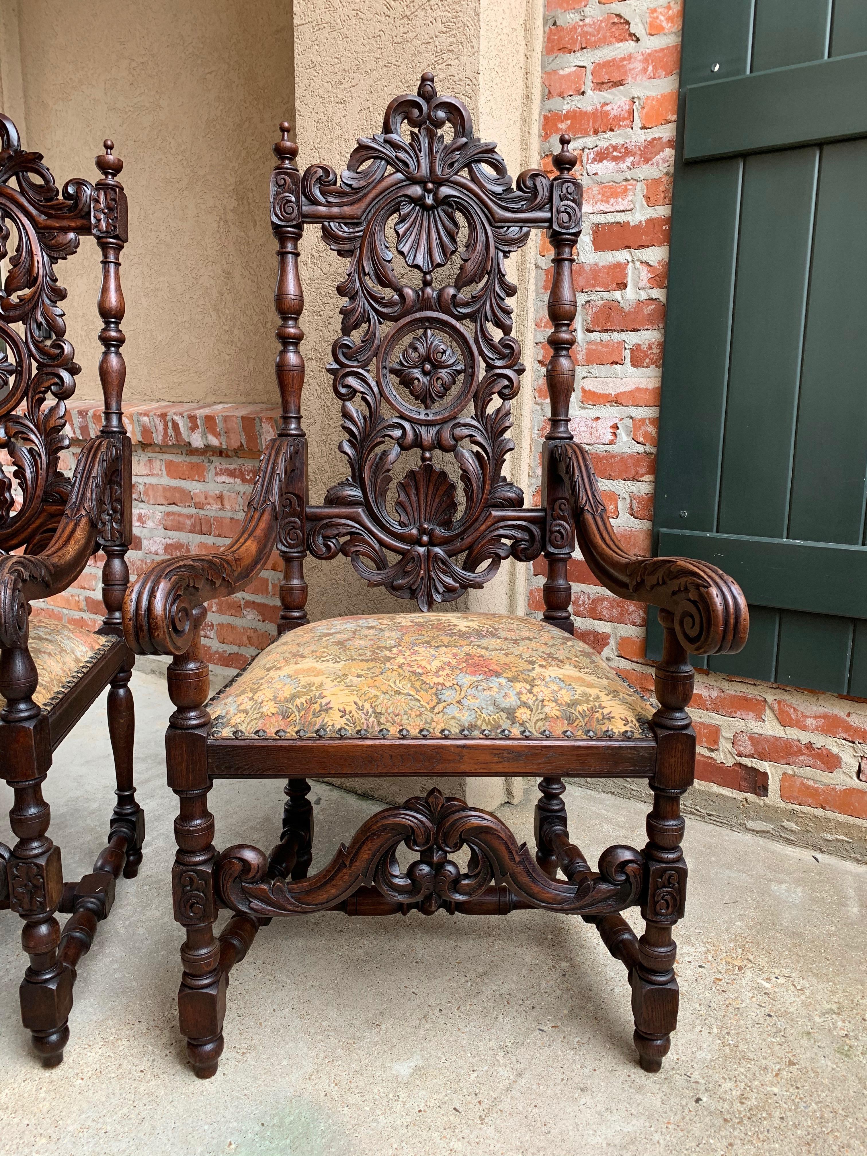 19th Century Set 19th century French Dining Throne Armchair Louis XIV Carved Oak Renaissance