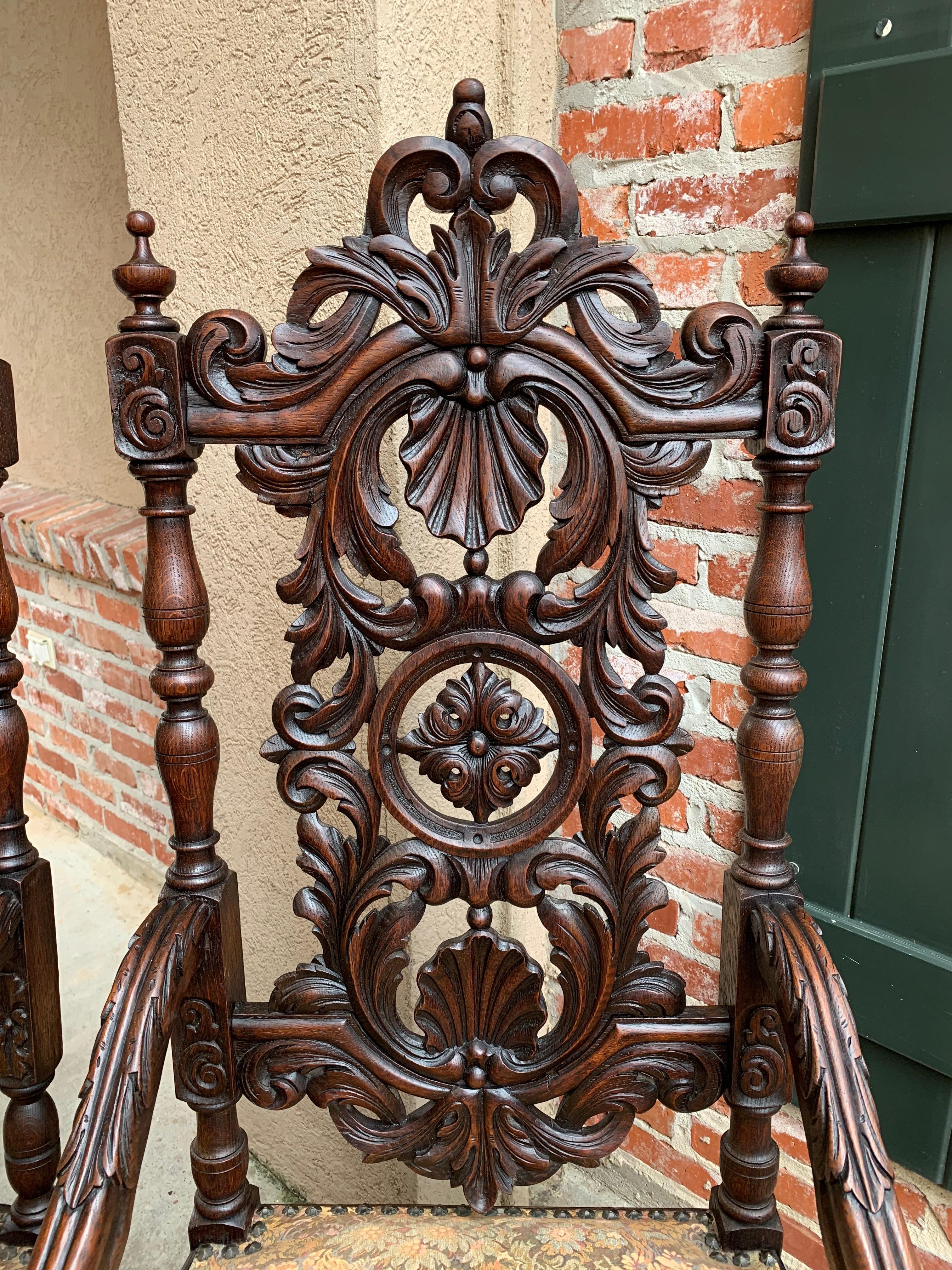 Set 19th century French Dining Throne Armchair Louis XIV Carved Oak Renaissance 2