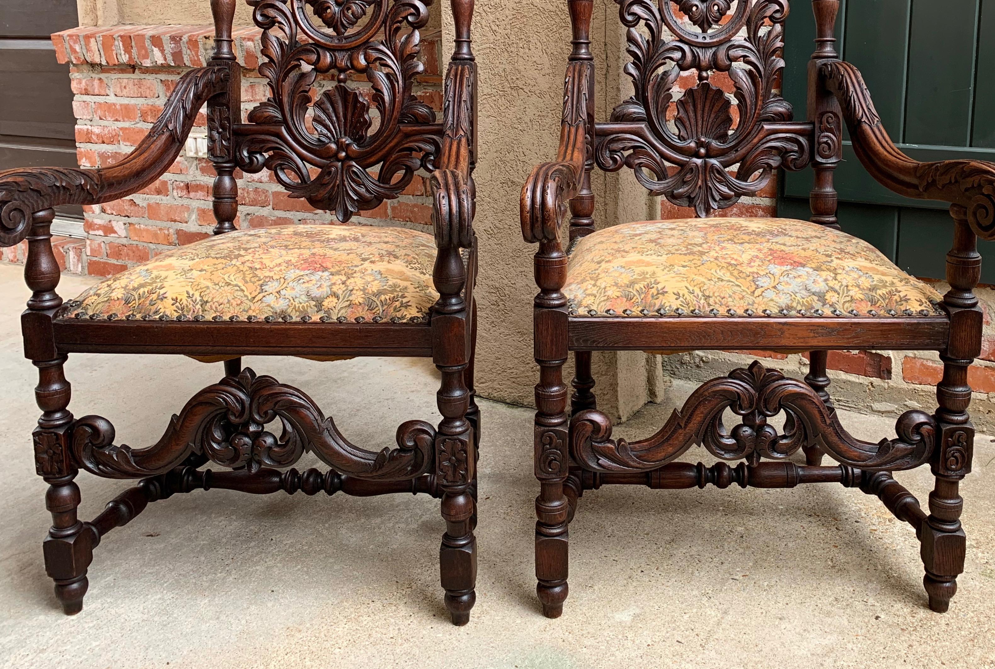 Set 19th century French Dining Throne Armchair Louis XIV Carved Oak Renaissance 4