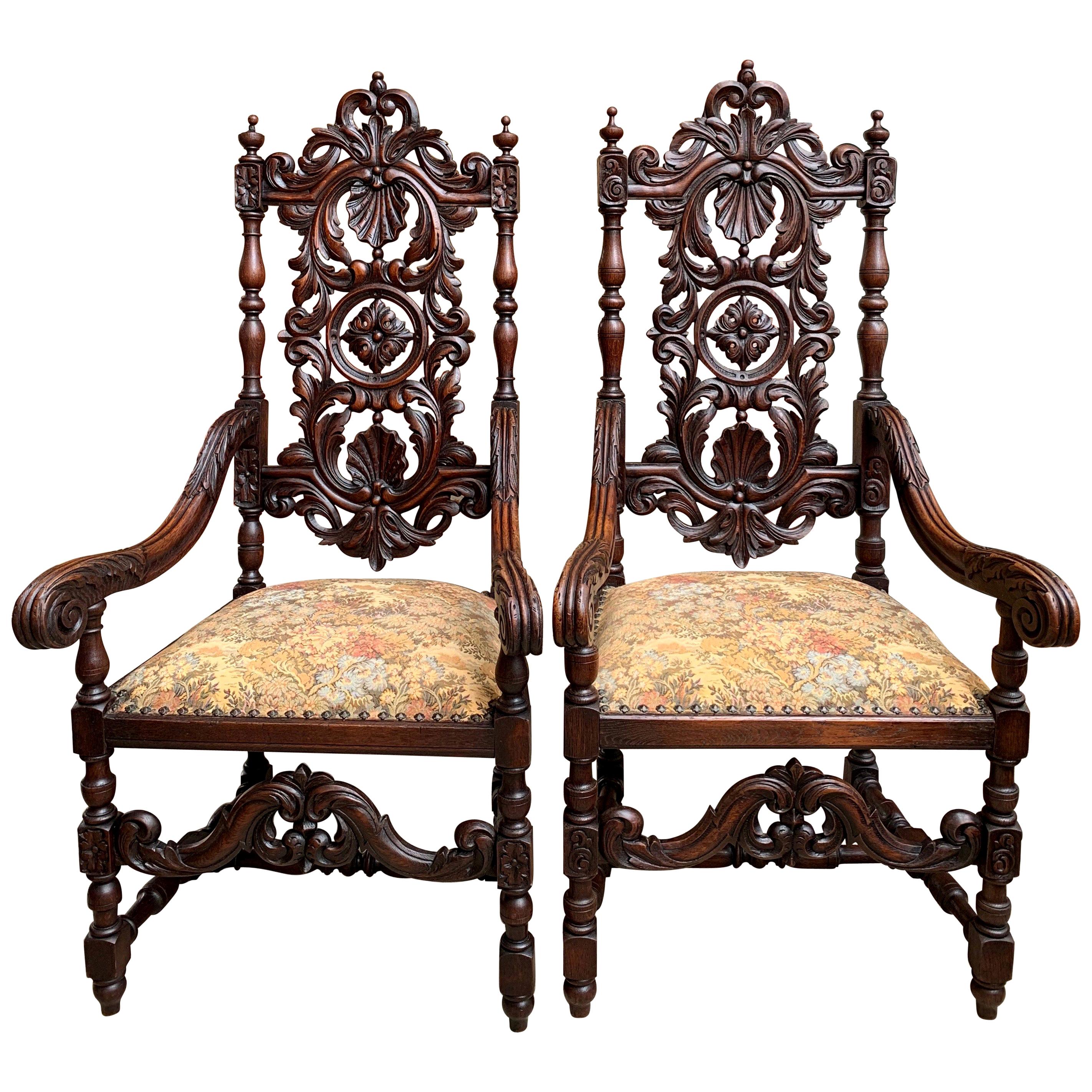 Set 19th century French Dining Throne Armchair Louis XIV Carved Oak Renaissance
