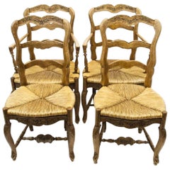 Antique Set of French Country French Provencal Carved Ladder Back Dining Chairs